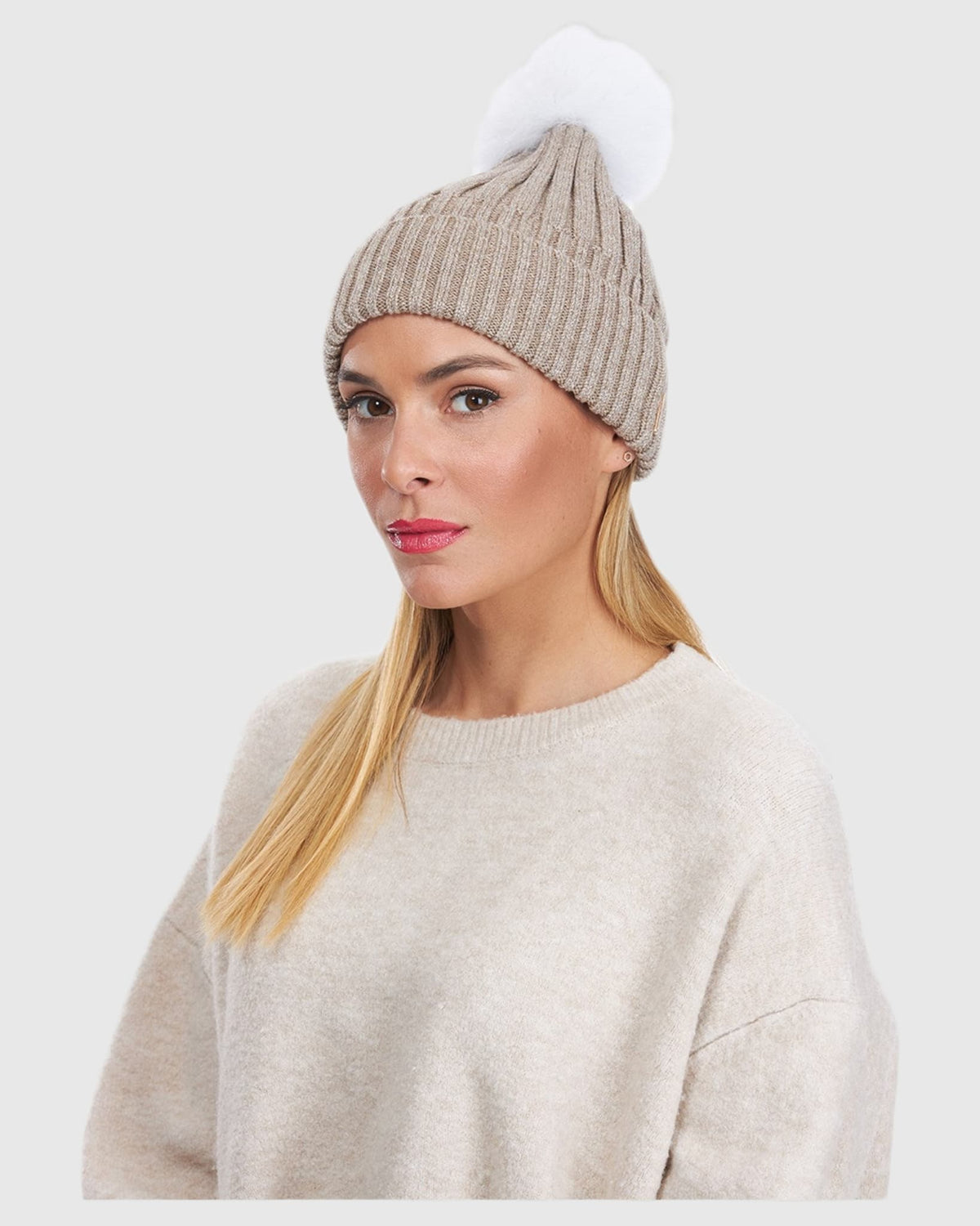 METALLIC WOOL BLEND KNIT HAT WITH TOSCANA LAMB POMPOM display picture 2