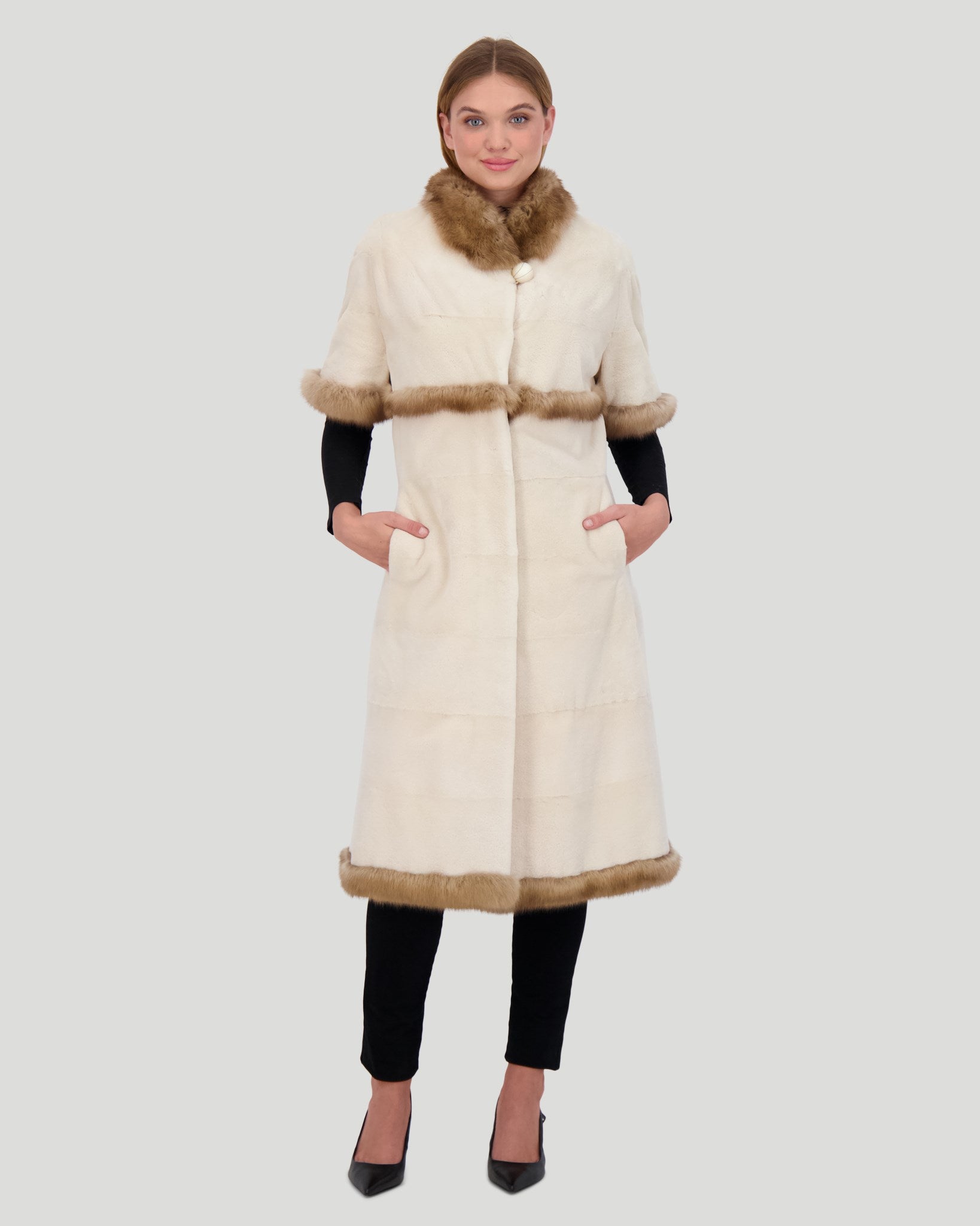 Gorski Mink Short Coat with Sable Trim Short Sleeves Pearl S