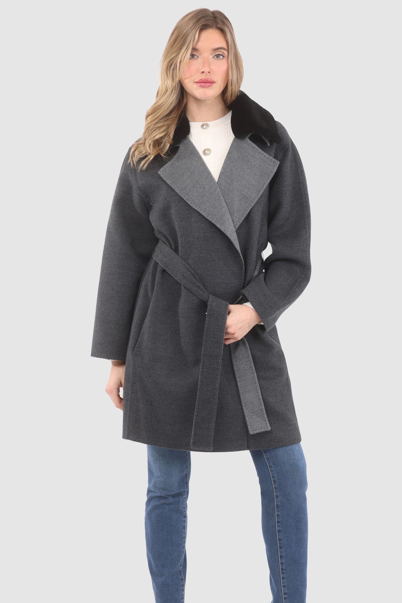 Reversible Stroller Crafted From Loro Piana Wool with Detachable Select Shearling Lamb Collar and Belt