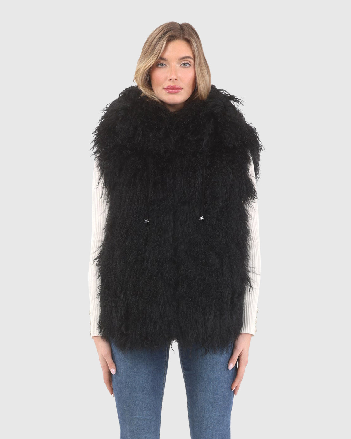 Reversible select Mongolian shearling lamb vest with wool and cashmere back crafted from Loro Piana in black, front view