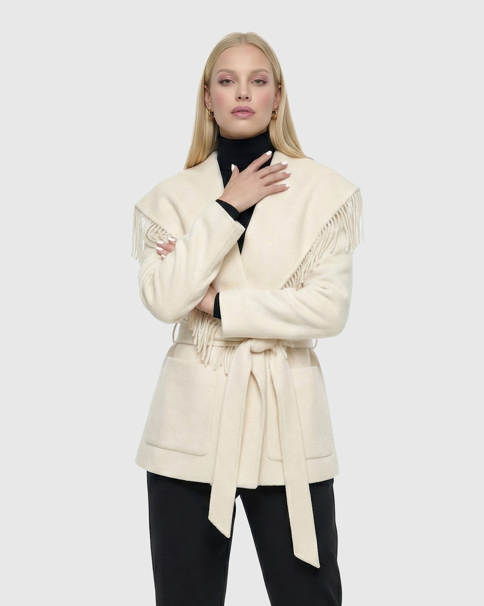 Select Cashmere And Wool Blend Jacket With Tassle Trim, Belt