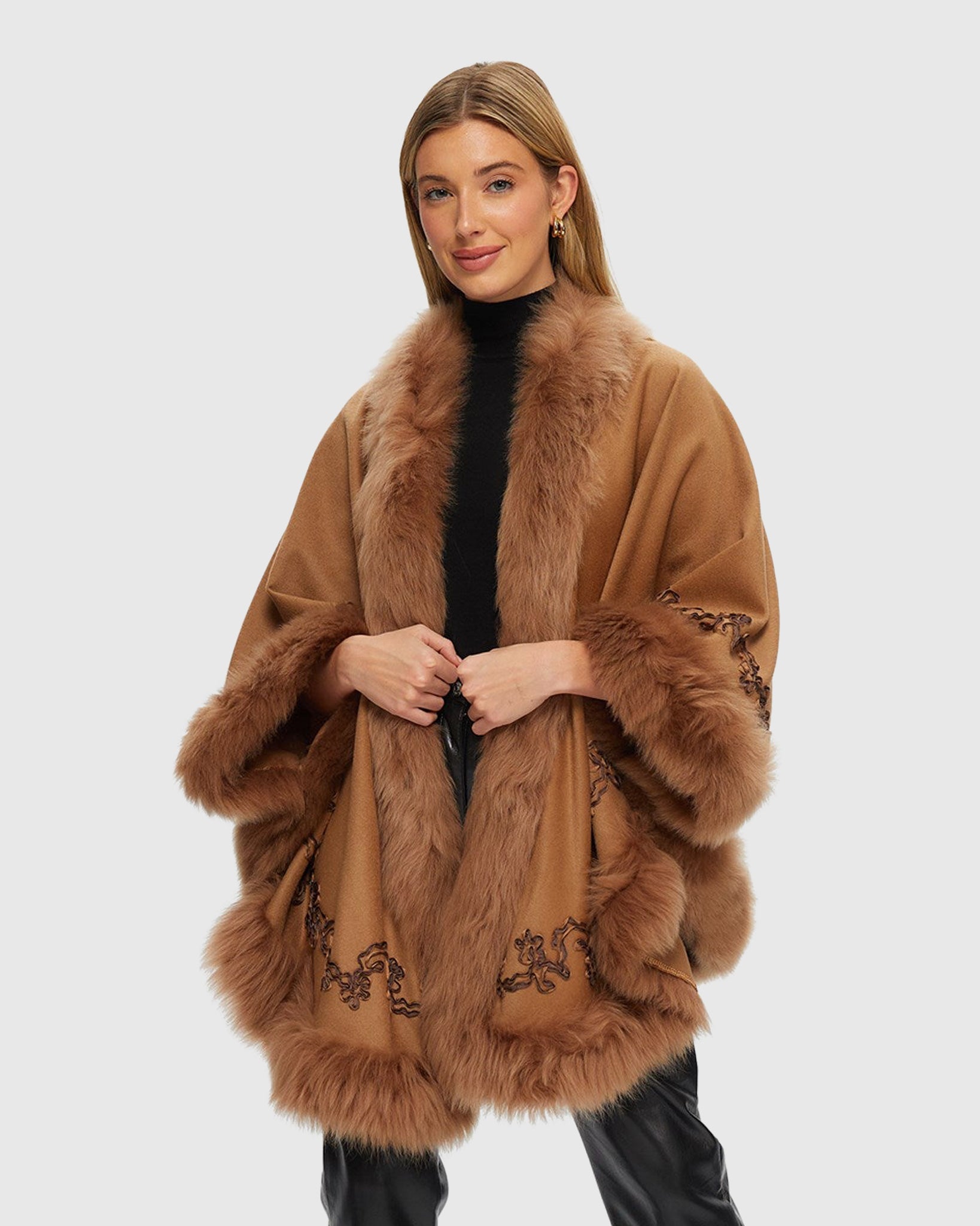 Select Cashmere Wool Cape with Toscana Shearling Lamb Trim and Ribbo