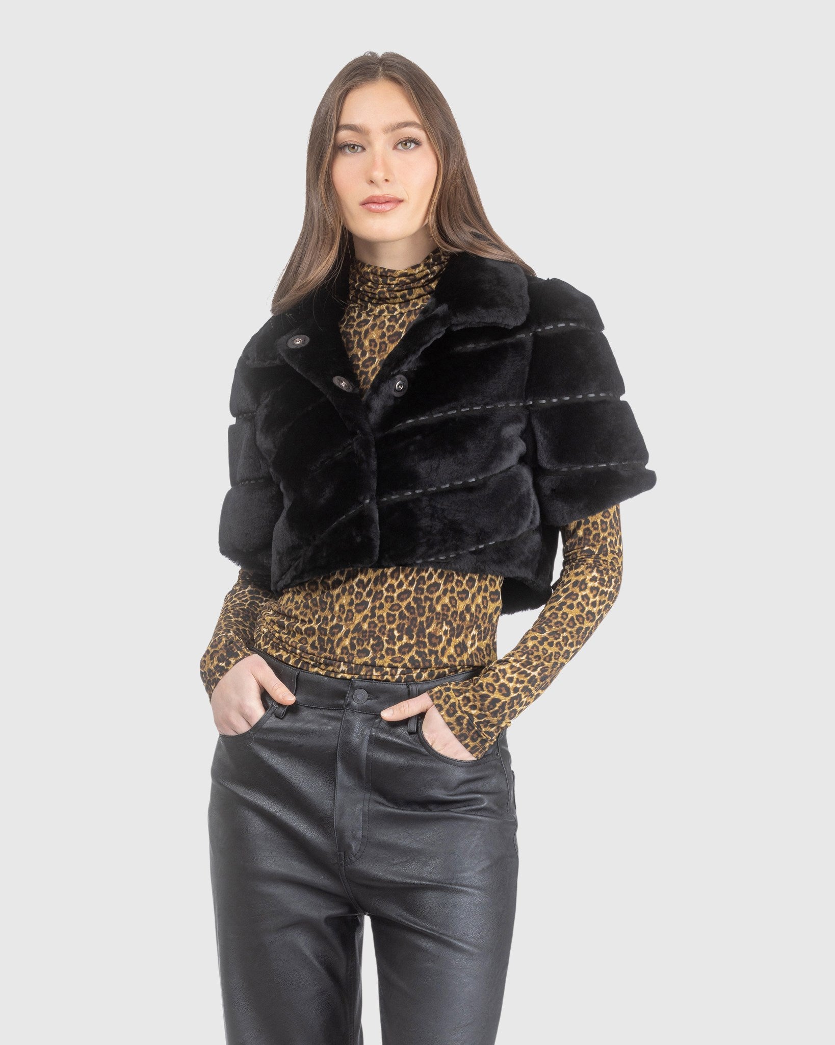 Select Shearling Lamb Diagonal Bolero with Cropped Sleeves