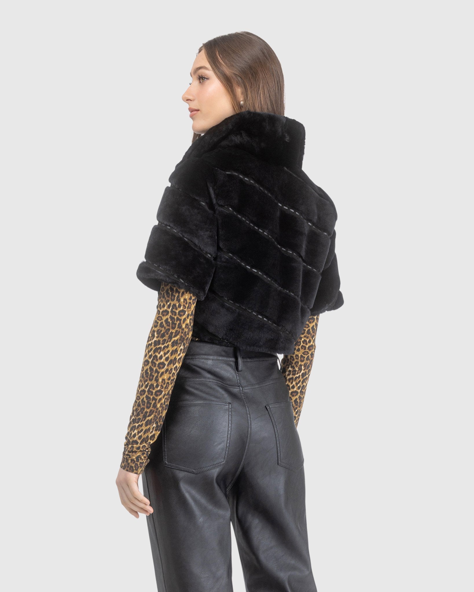 Select Shearling Lamb Diagonal Bolero with Cropped Sleeves