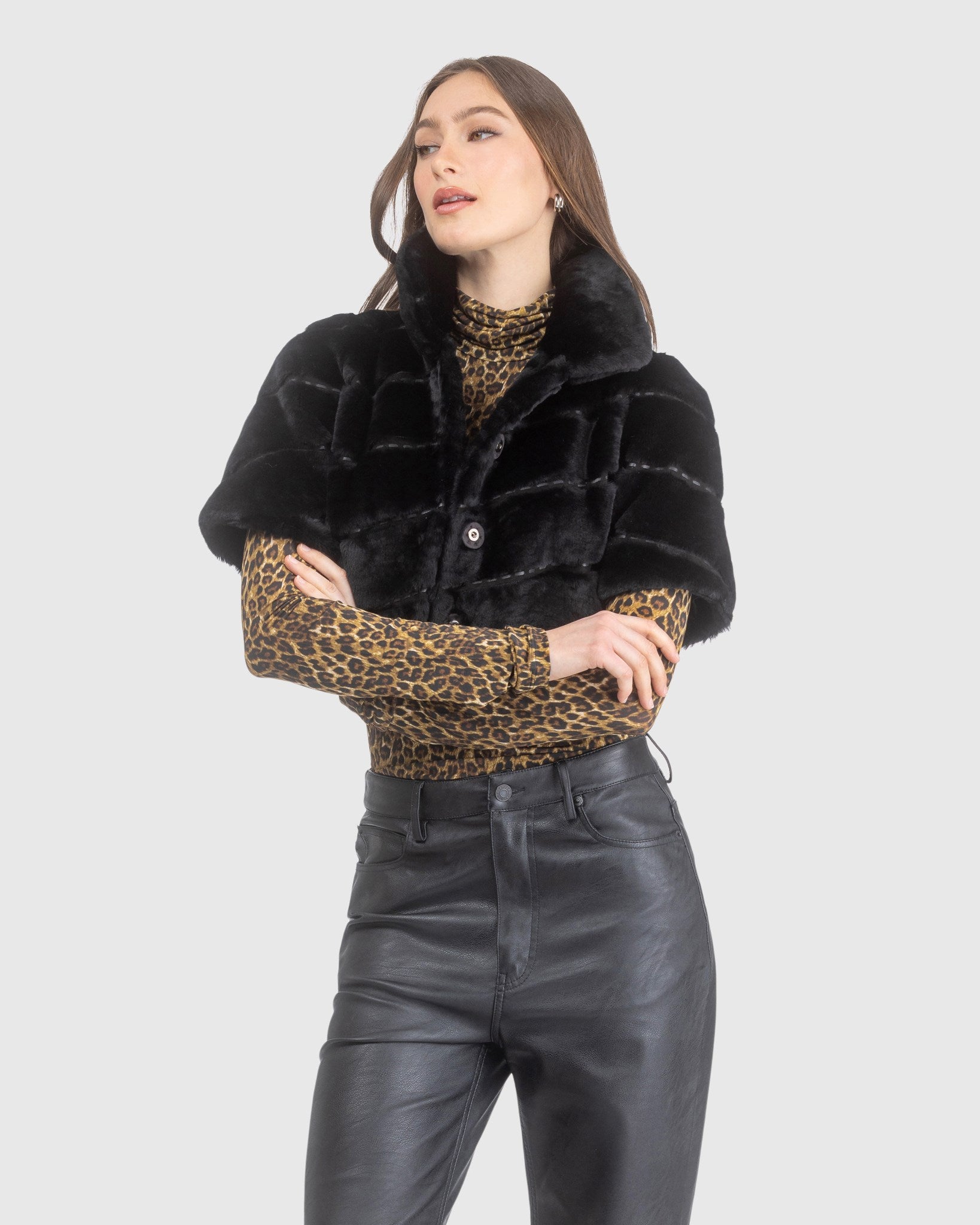 Select Shearling Lamb Diagonal Bolero with Cropped Sleeves