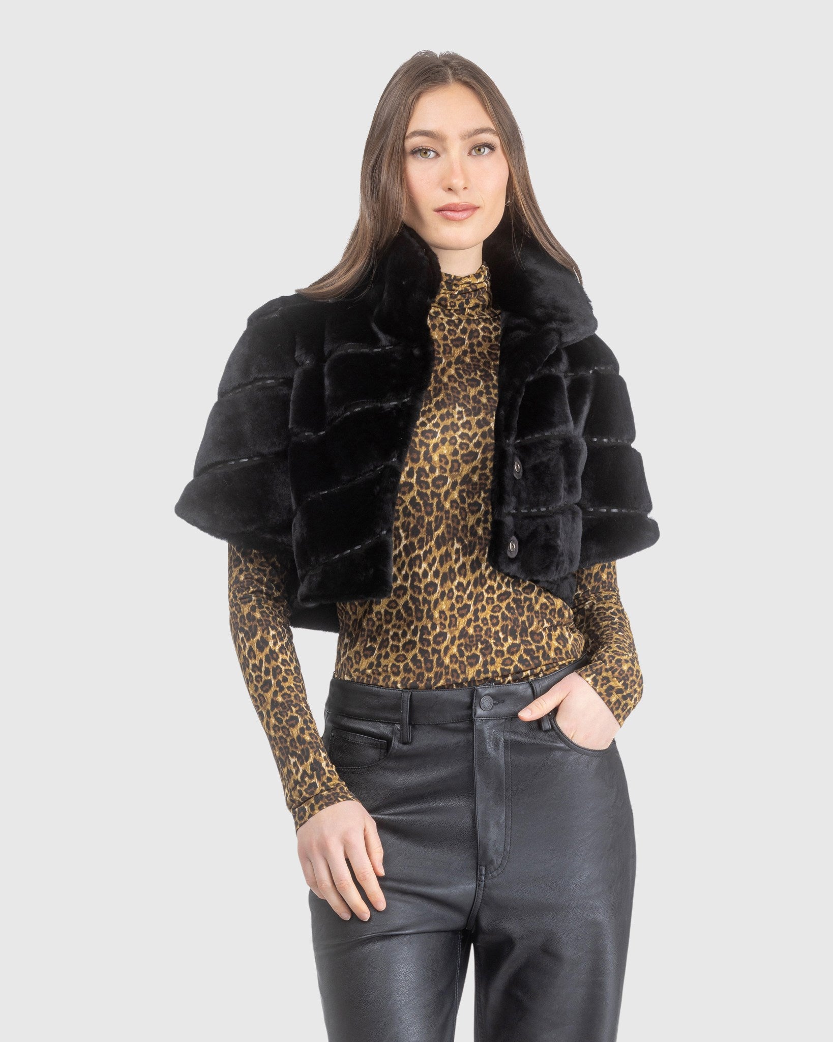 Select Shearling Lamb Diagonal Bolero with Cropped Sleeves