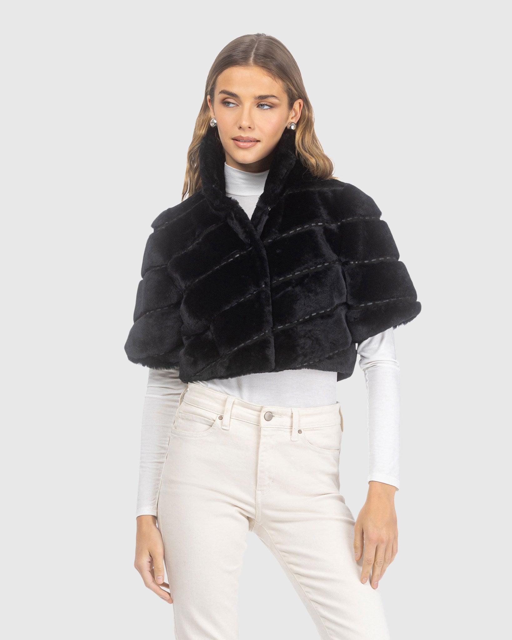 Select Shearling Lamb Diagonal Bolero with Cropped Sleeves
