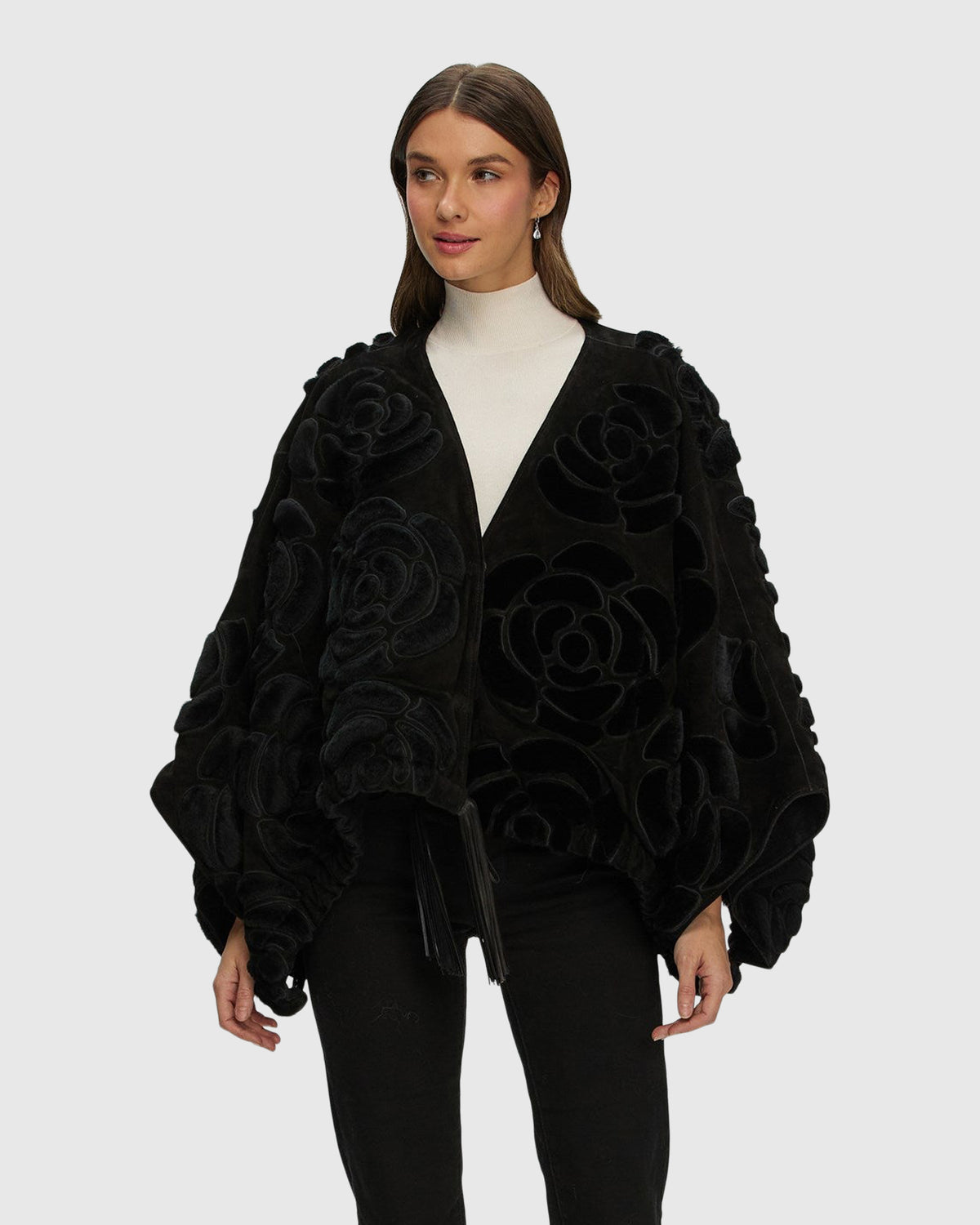 Select shearling/suede lamb floral embroidered jacket reversible to cashmere and wool blend crafted from Loro Piana in black, front view