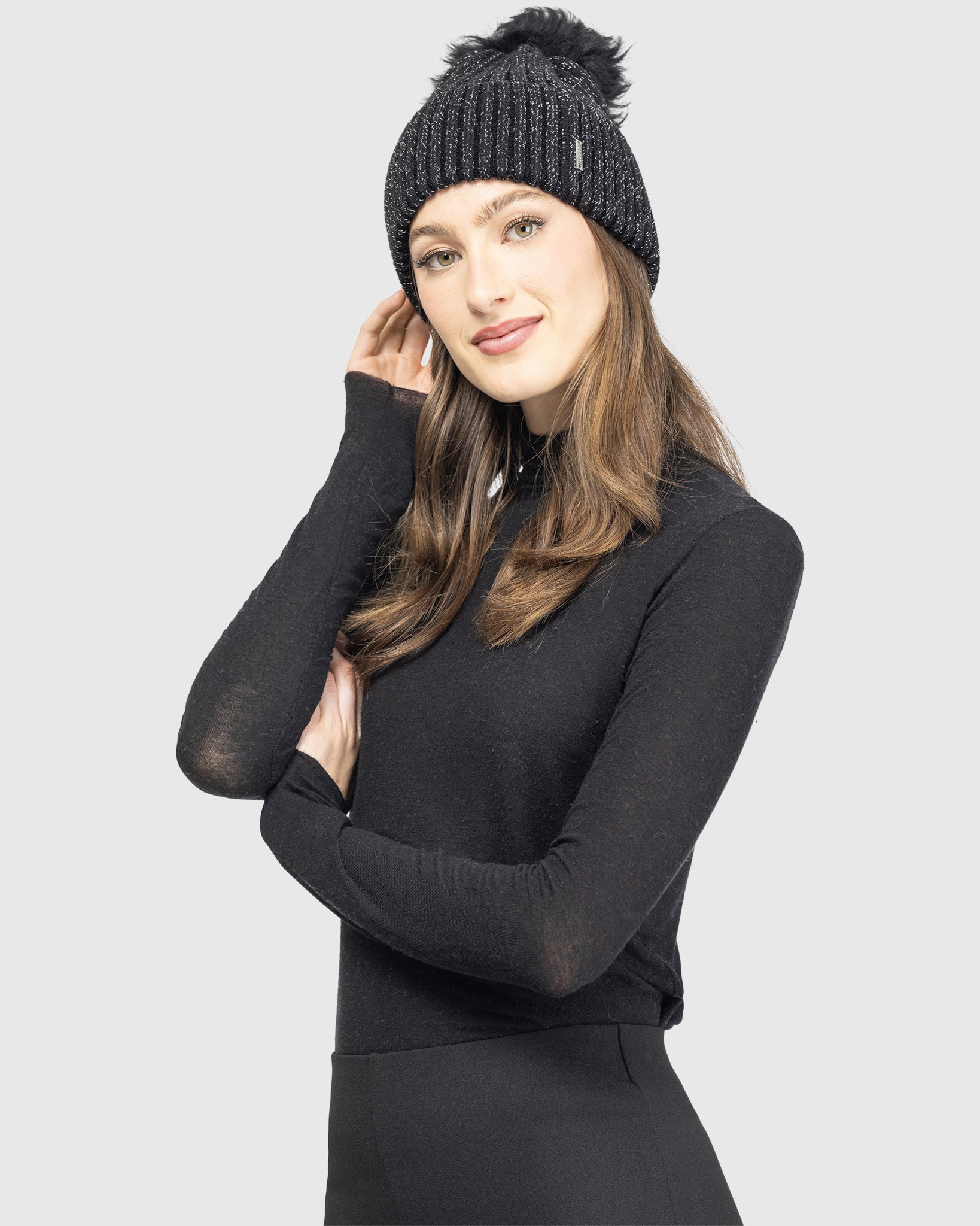 Metallic Wool Blend Knit Hat with Select Lamb Pompom