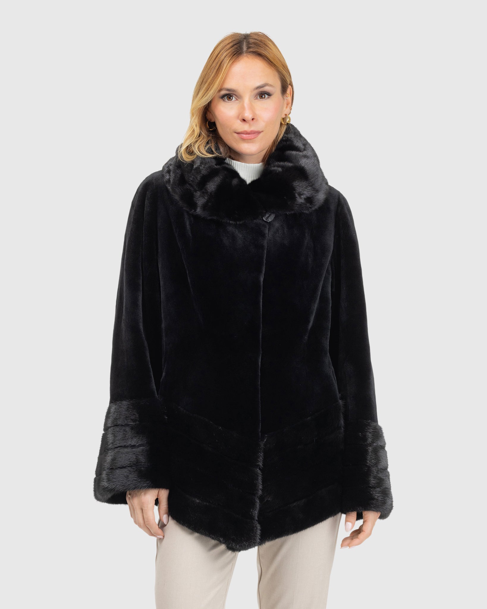 Sheared Mink Jacket, Reversible to Taffeta, Long Hair Mink Collar, Cuffs and Bottom
