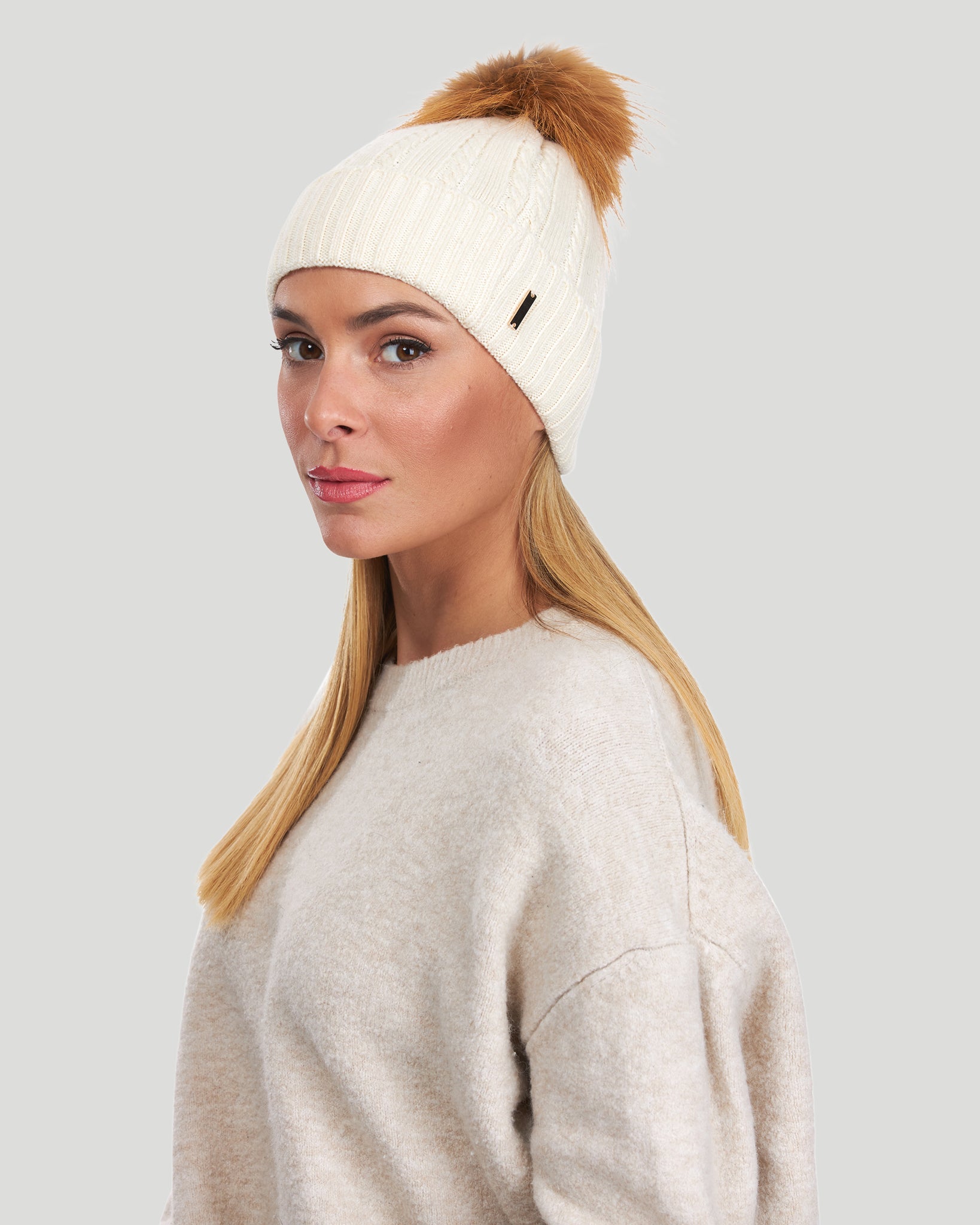 Knit Hat with Fox Pompom