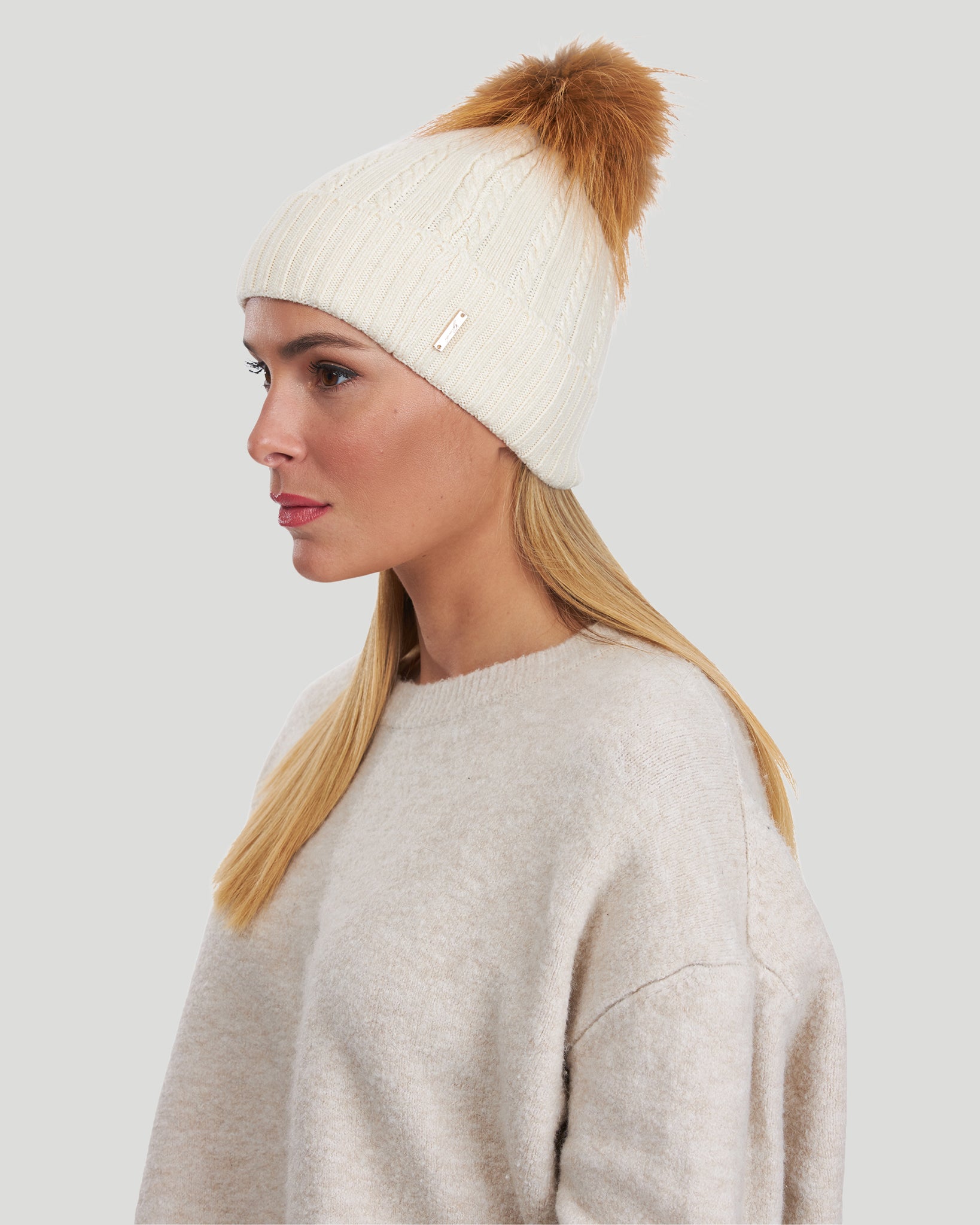 Knit Hat with Fox Pompom