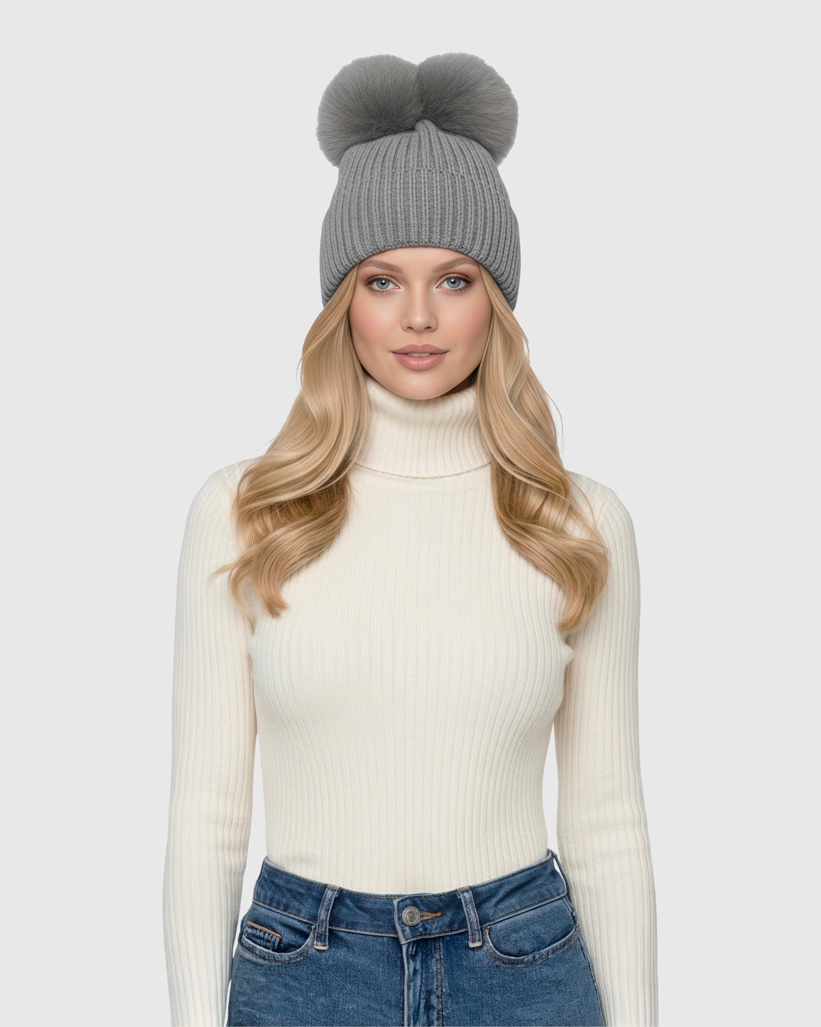 Knit Hat with Double Toscana Shearling Lamb Pompom