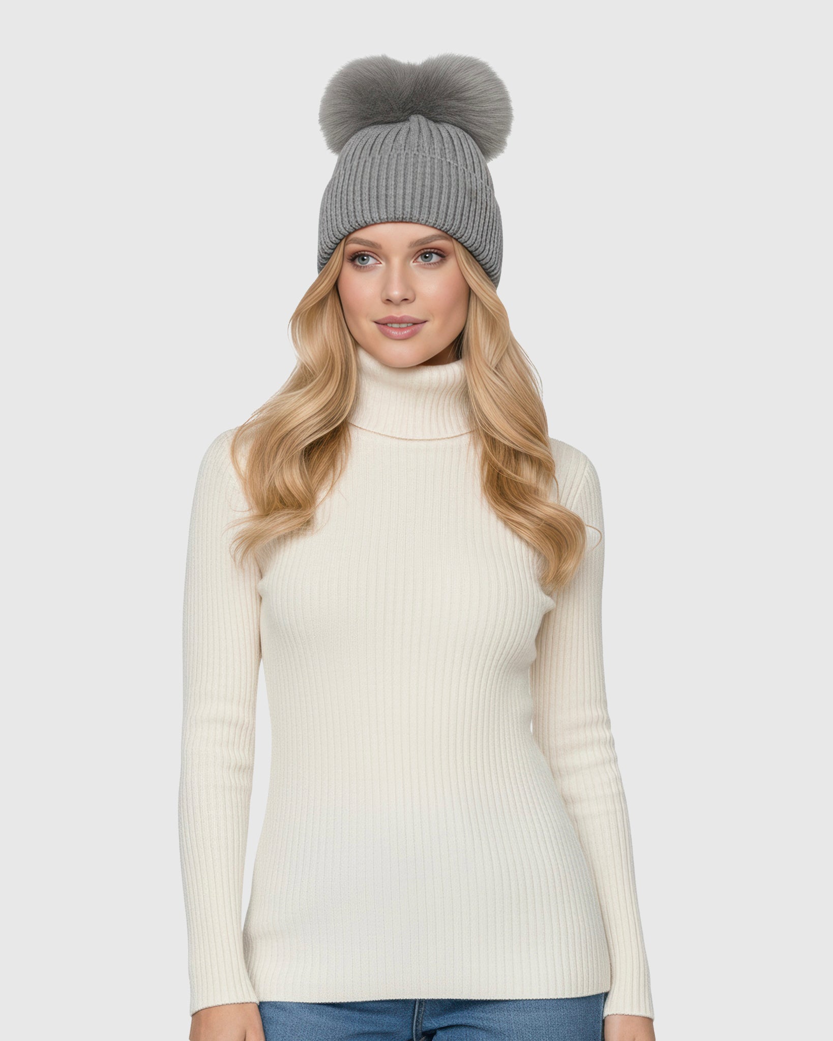 Knit Hat with Double Toscana Shearling Lamb Pompom