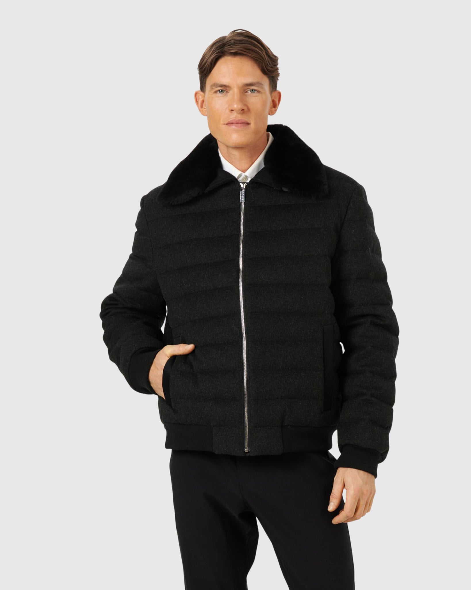 Men's Quilted Wool Jacket with Detachable Select Shearling Lamb Collar