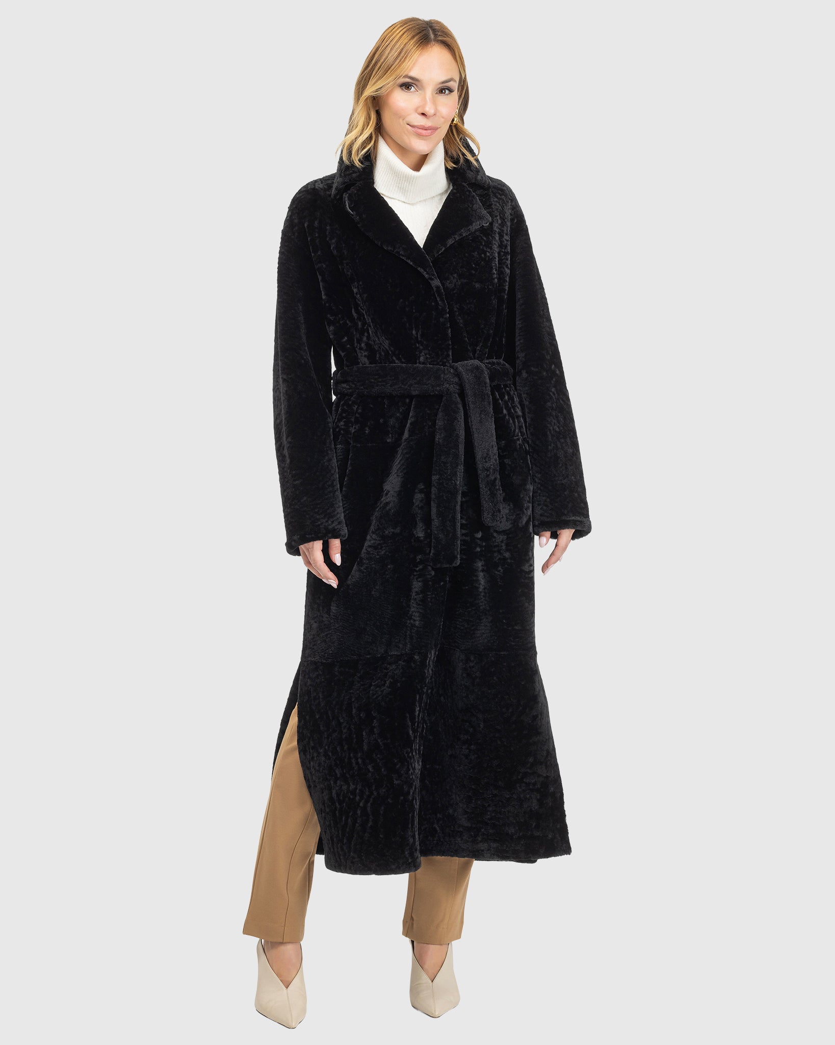 Reversible Select Shearling Lamb Coat with Side Slits and Belt
