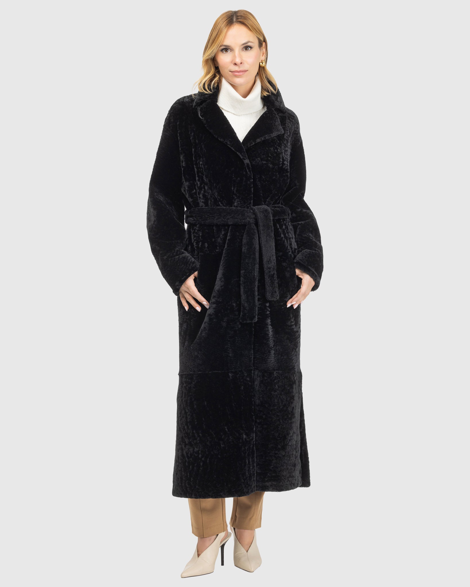 Reversible Select Shearling Lamb Coat with Side Slits and Belt
