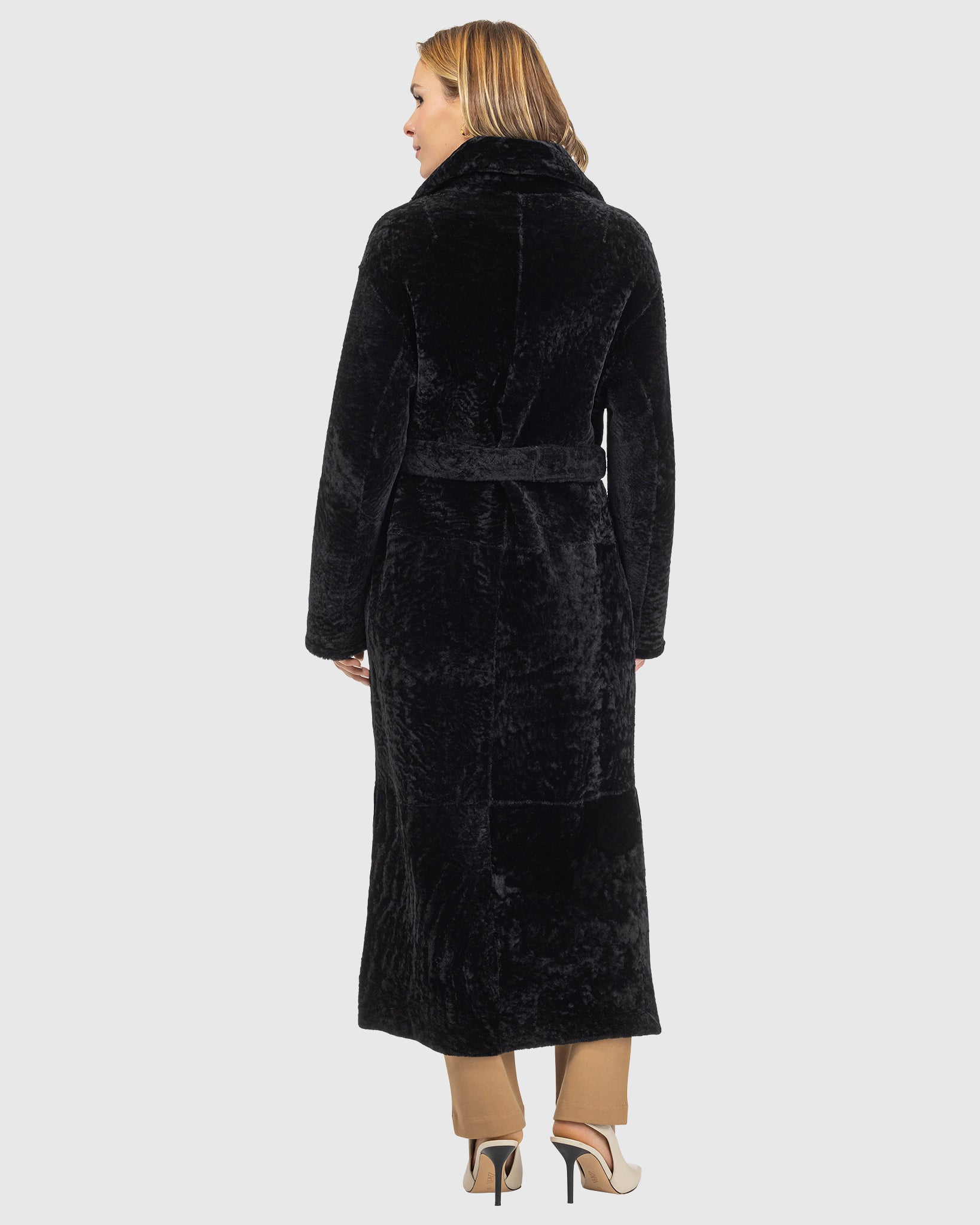 Reversible Select Shearling Lamb Coat with Side Slits and Belt
