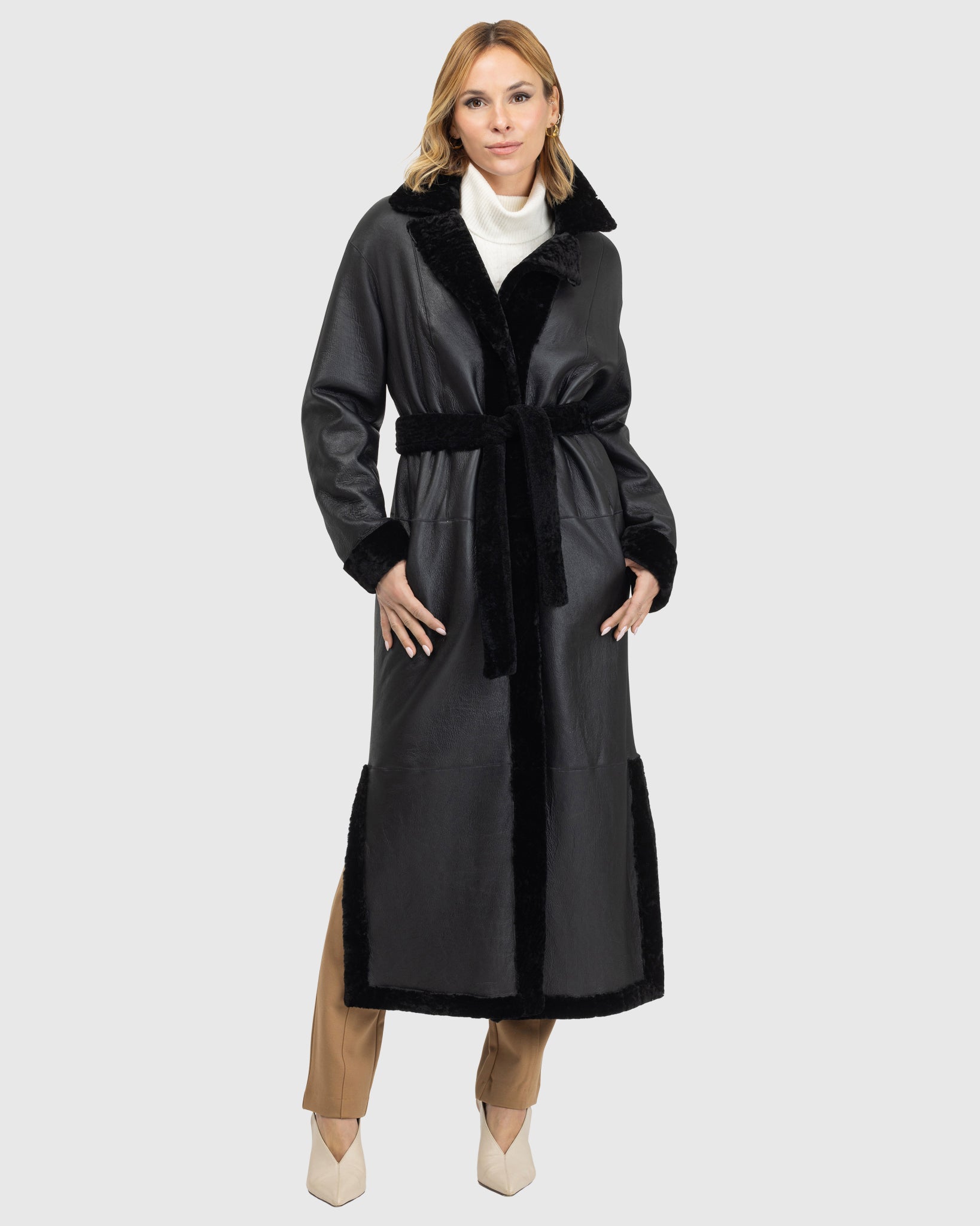 Reversible Select Shearling Lamb Coat with Side Slits and Belt