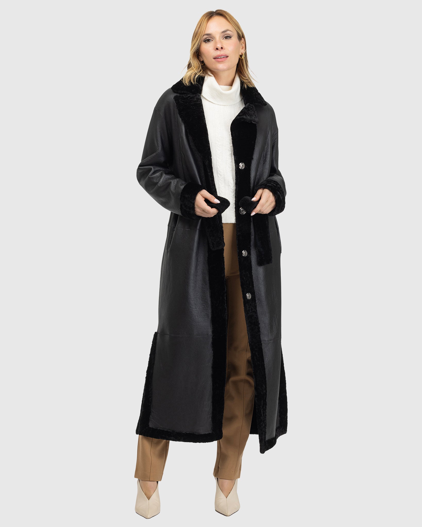 Reversible Select Shearling Lamb Coat with Side Slits and Belt