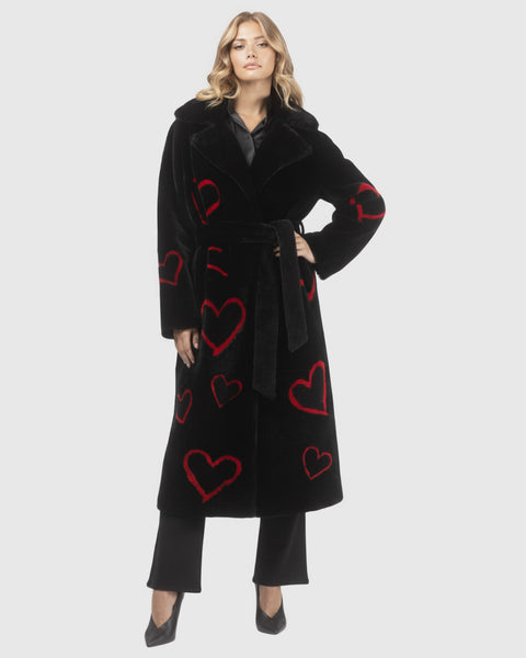 Reversible Shearling Lamb Coat With Heart Intarsia, Belt