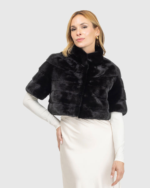 MINK BOLERO WITH CROPPED SLEEVES-BLACK-L