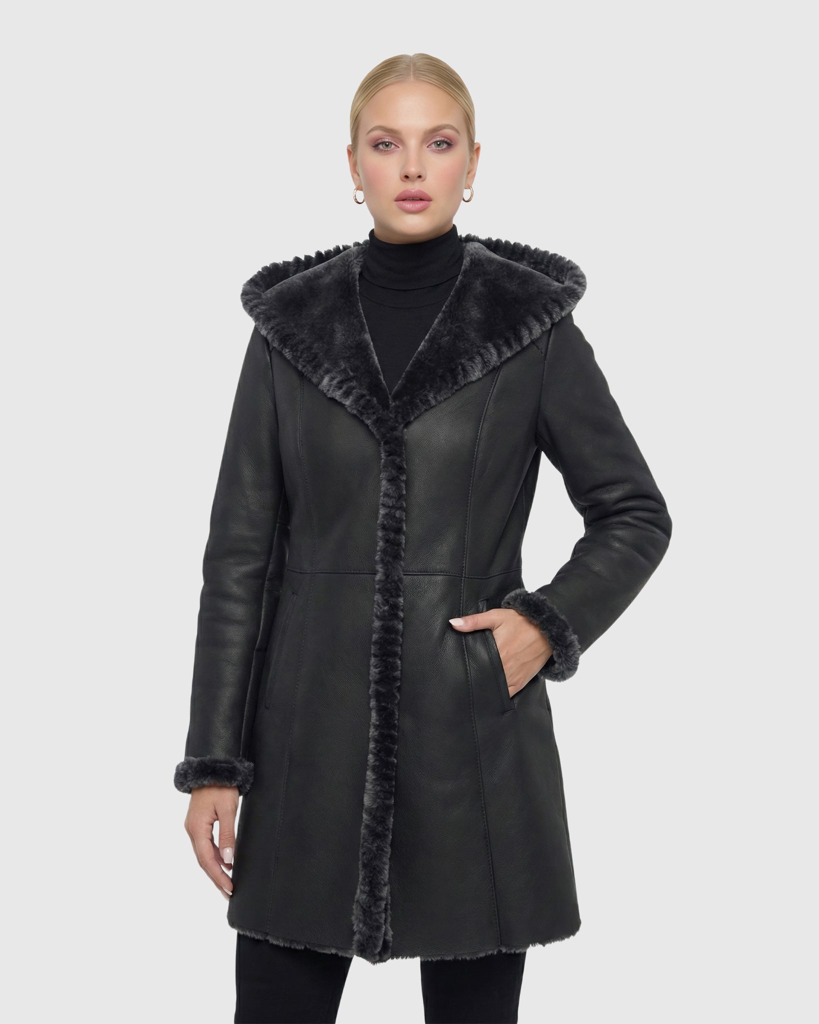 Merino Shearling Lamb Jacket With Whipstitch Trim, Hood