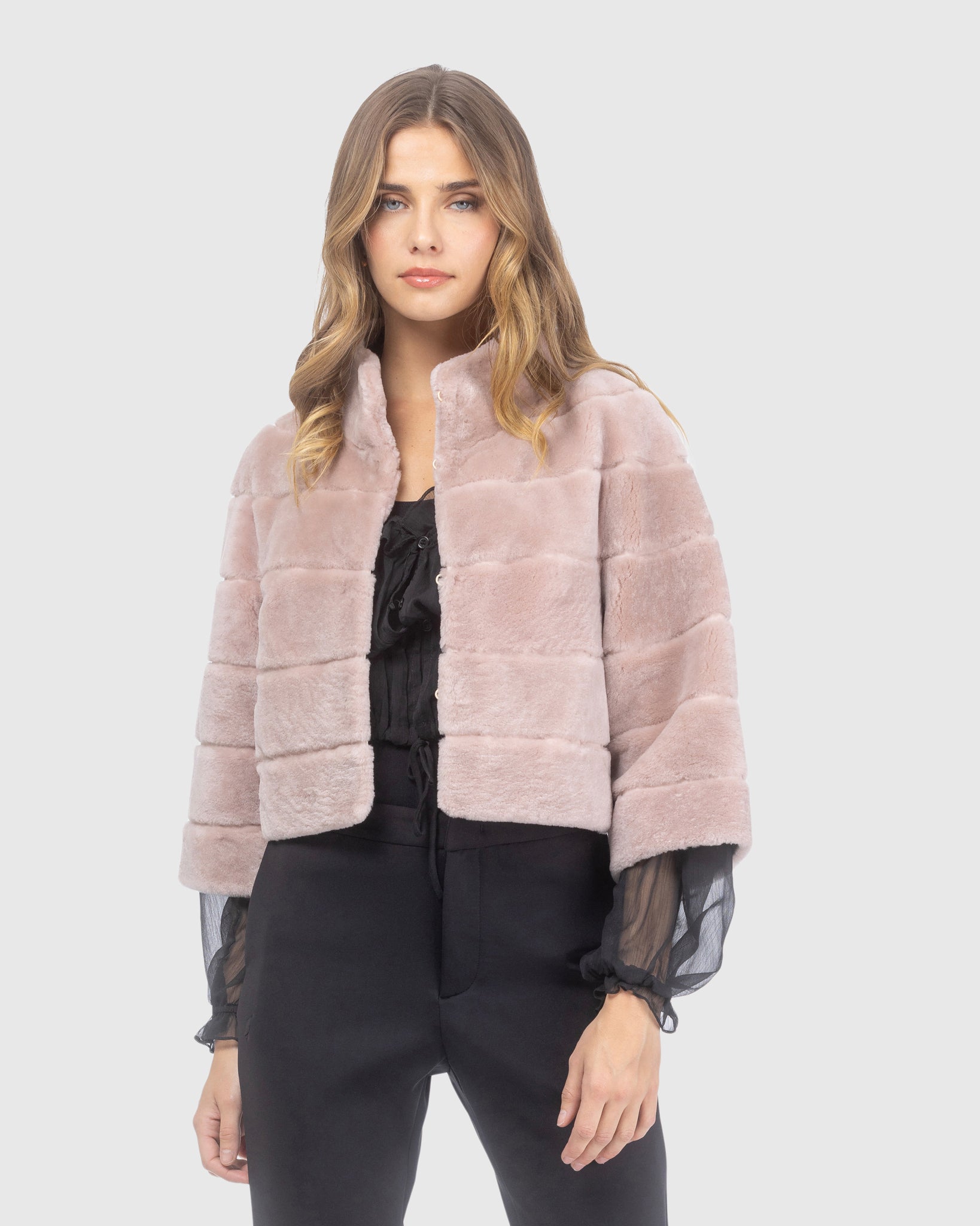 SHEARLING LAMB BOLERO WITH CROPPED SLEEVES