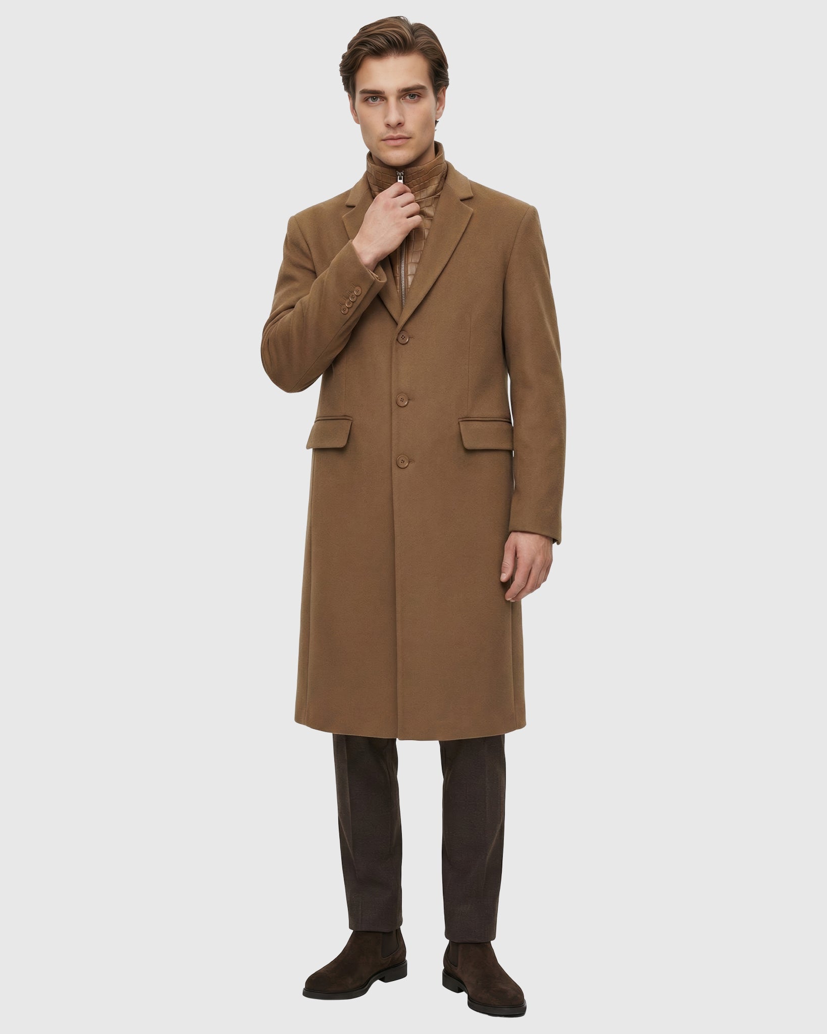 Men's Coat Crafted From Loro Piana Wool, Select Nubuck Croco Embossed Dickey