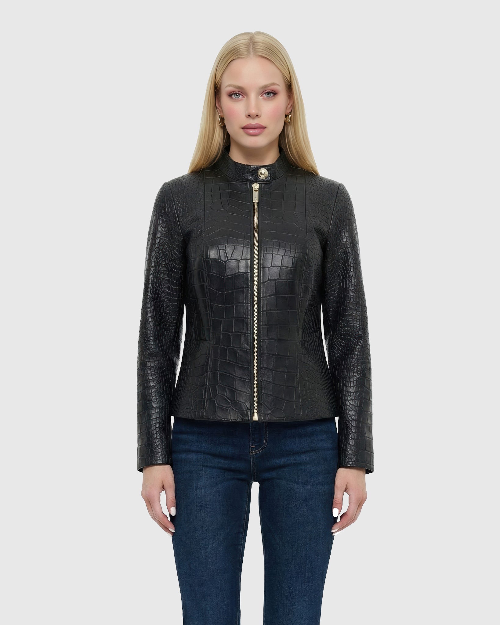 Select Nappa Leather Croco Embossed Zip Jacket