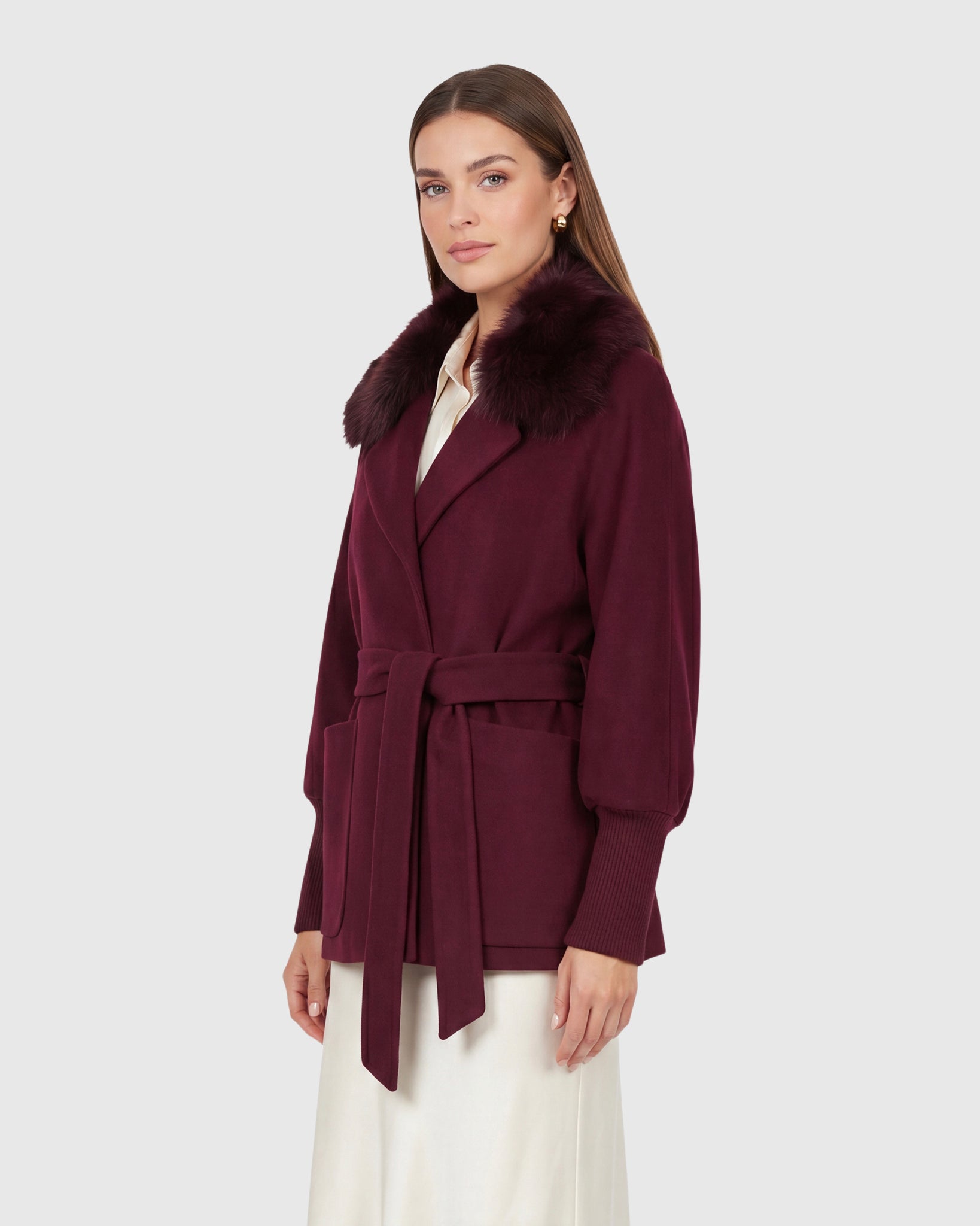 FABRIC JACKET WITH DETACHABLE SHEARLING LAMB COLLAR, BELT