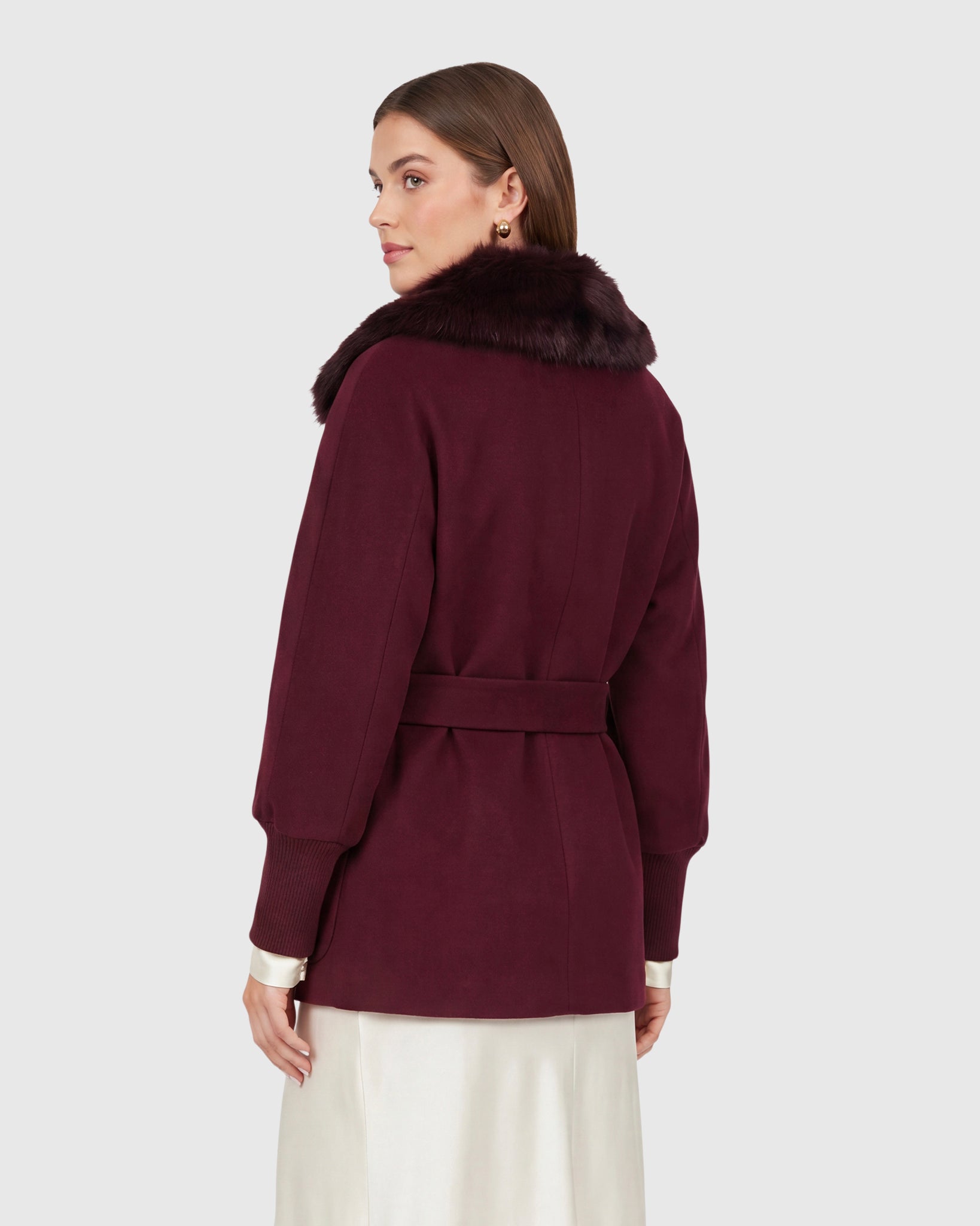 FABRIC JACKET WITH DETACHABLE SHEARLING LAMB COLLAR, BELT