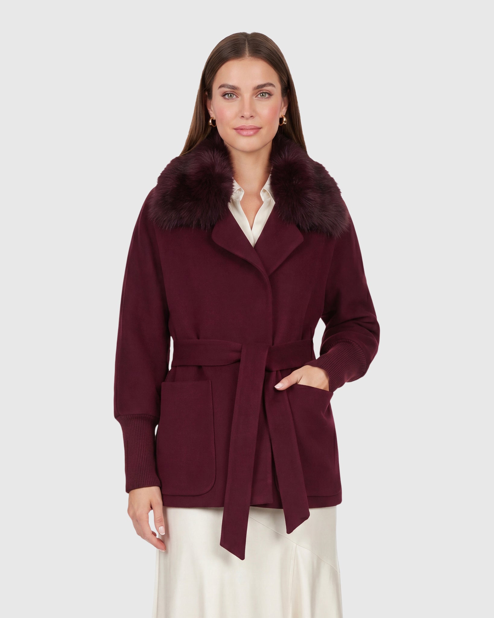 FABRIC JACKET WITH DETACHABLE SHEARLING LAMB COLLAR, BELT