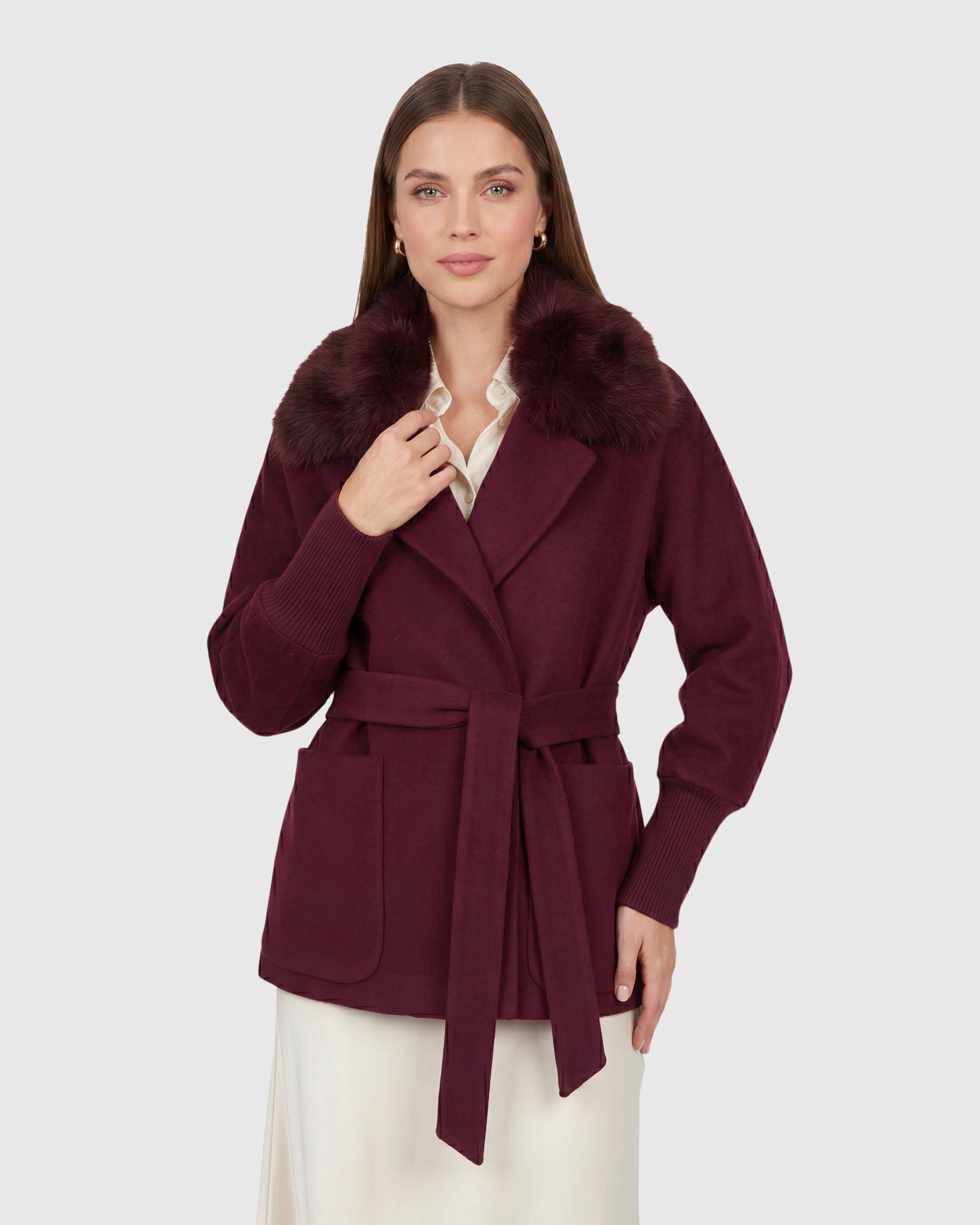 FABRIC JACKET WITH DETACHABLE SHEARLING LAMB COLLAR, BELT