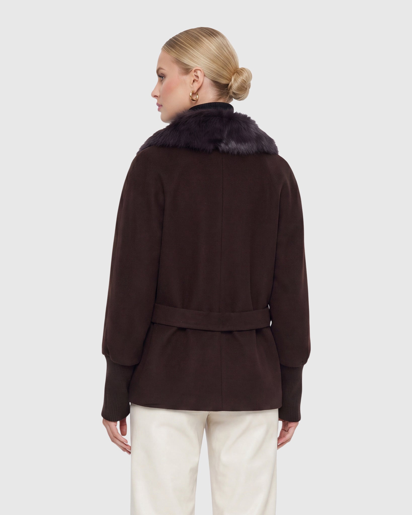 FABRIC JACKET WITH DETACHABLE SHEARLING LAMB COLLAR, BELT