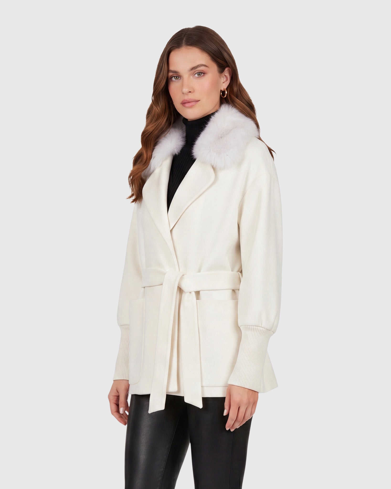 FABRIC JACKET WITH DETACHABLE SHEARLING LAMB COLLAR, BELT