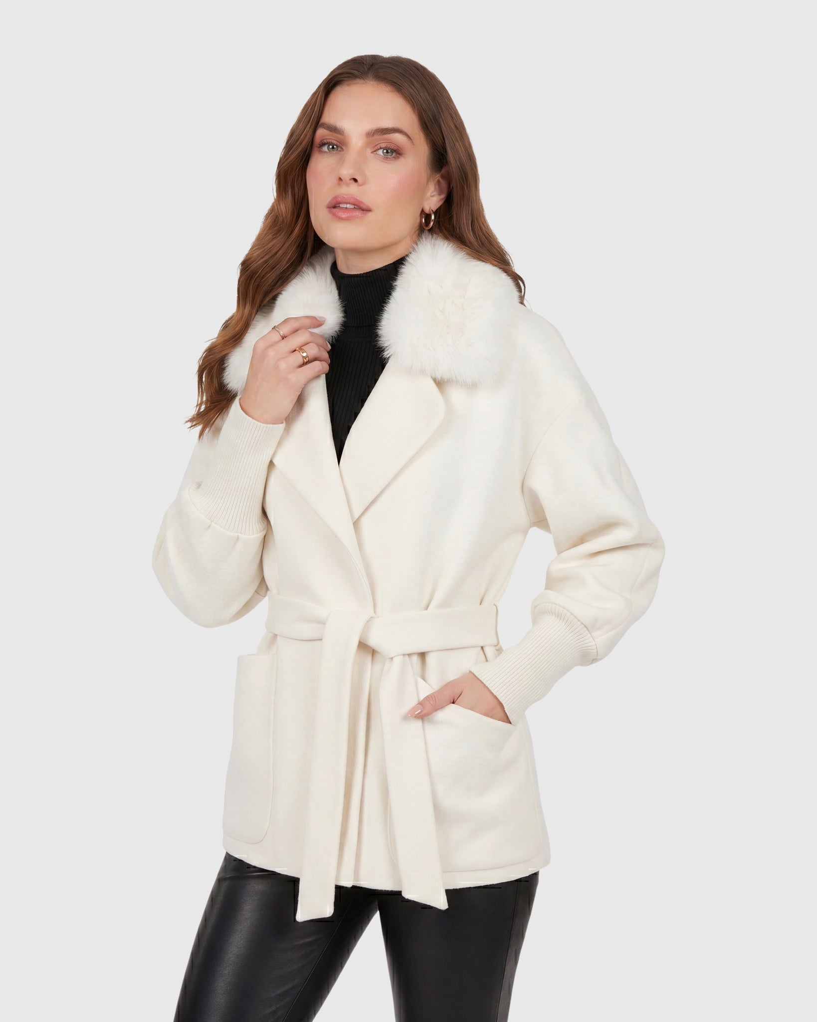 FABRIC JACKET WITH DETACHABLE SHEARLING LAMB COLLAR, BELT