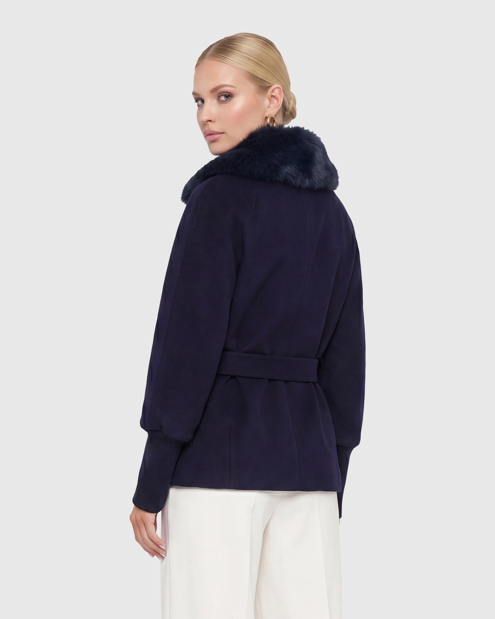 FABRIC JACKET WITH DETACHABLE SHEARLING LAMB COLLAR, BELT