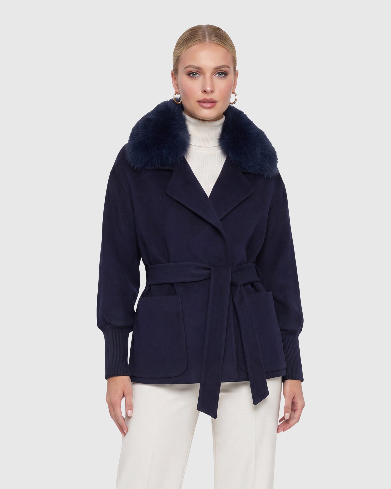 FABRIC JACKET WITH DETACHABLE SHEARLING LAMB COLLAR, BELT