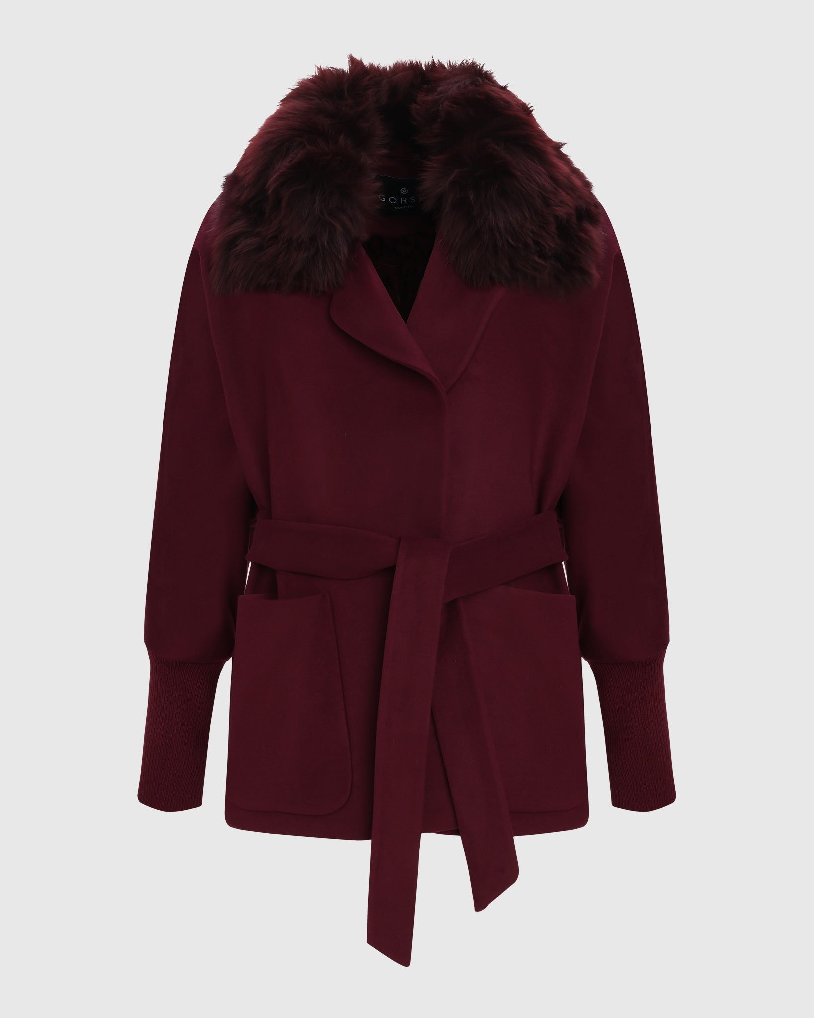 FABRIC JACKET WITH DETACHABLE SHEARLING LAMB COLLAR, BELT