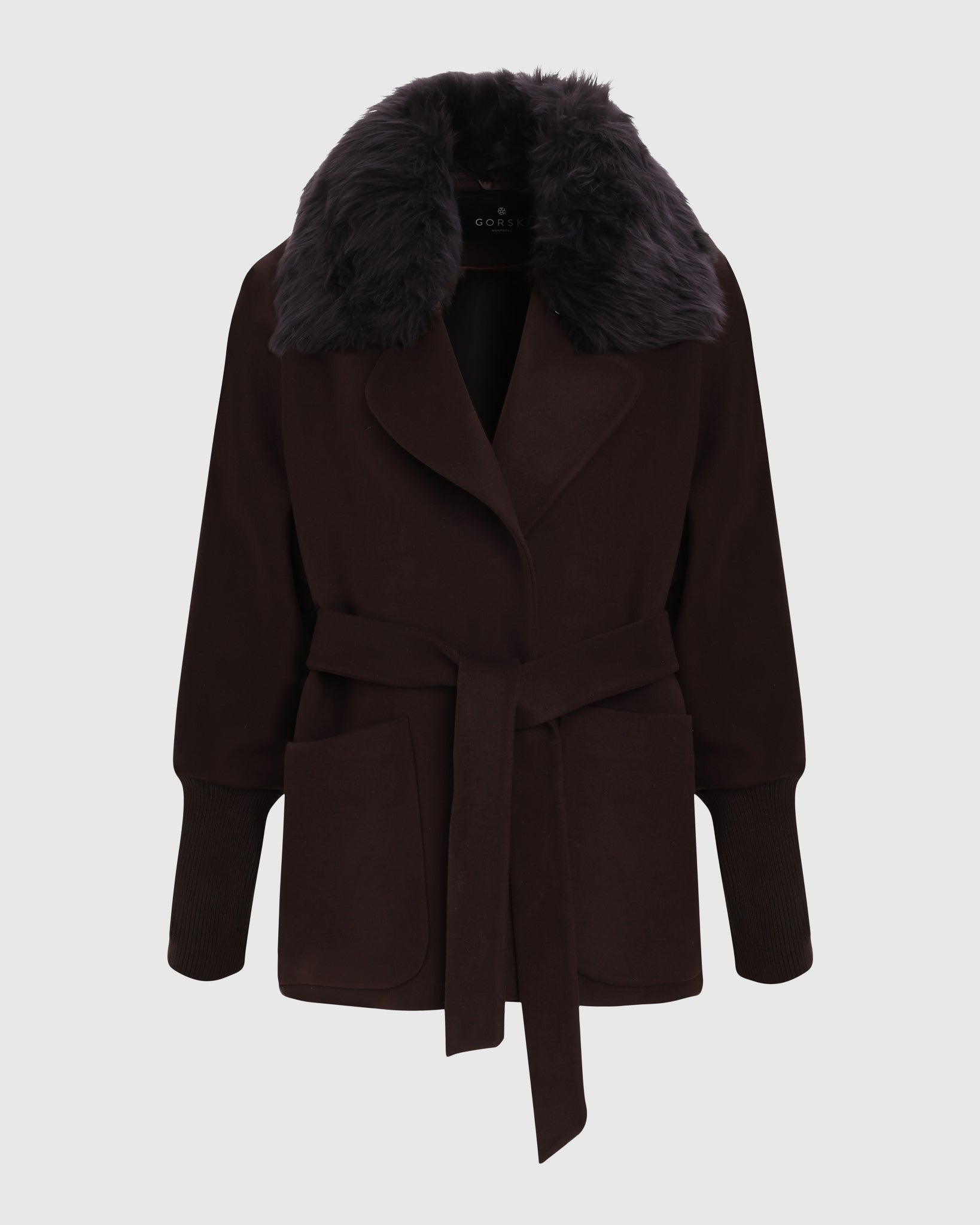 FABRIC JACKET WITH DETACHABLE SHEARLING LAMB COLLAR, BELT