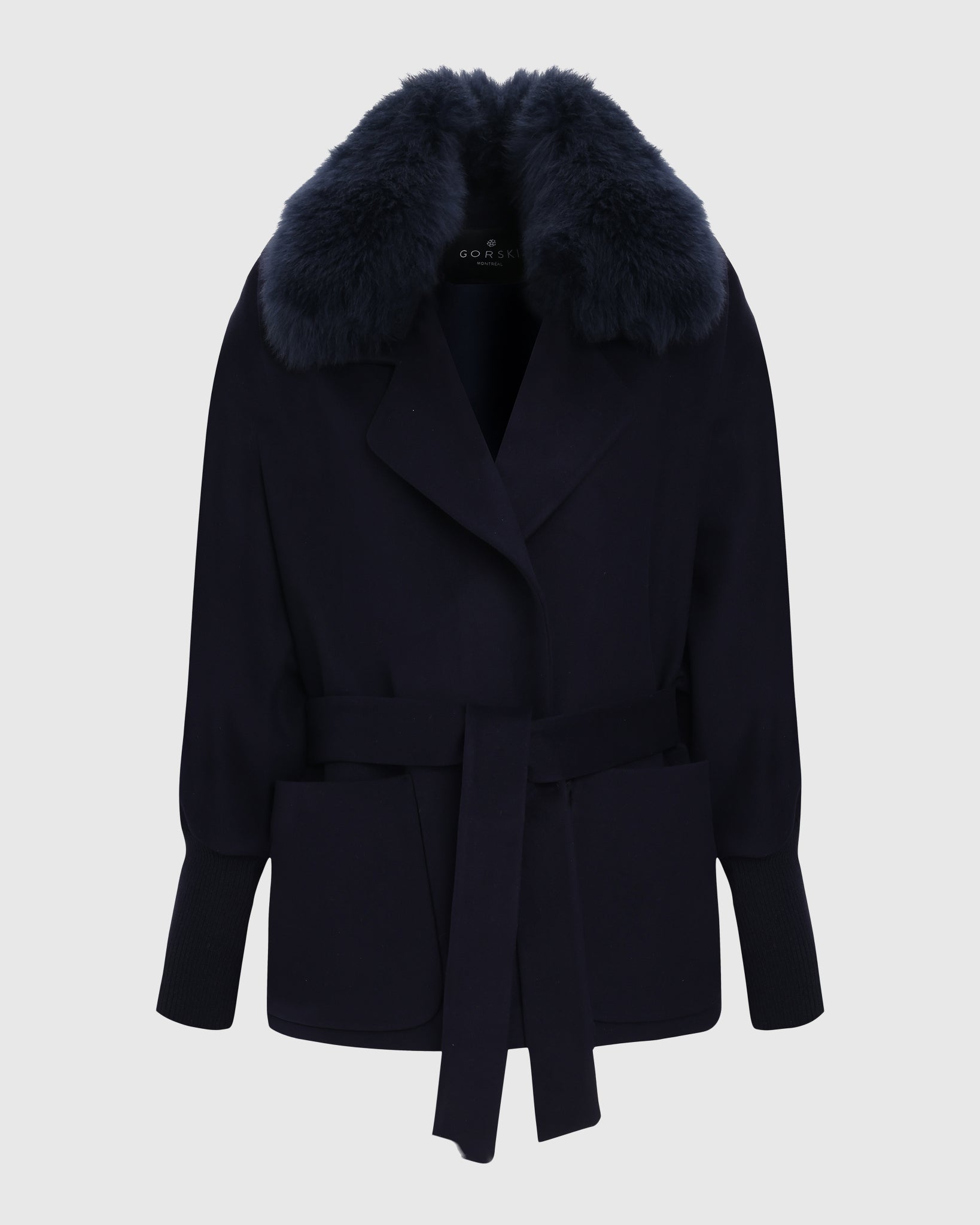 FABRIC JACKET WITH DETACHABLE SHEARLING LAMB COLLAR, BELT