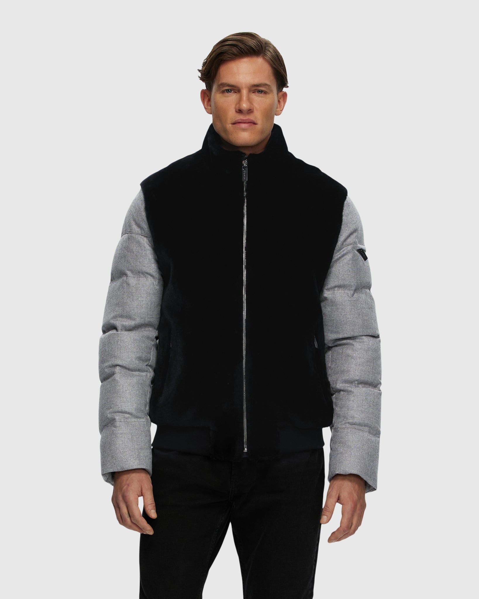 MEN'S MERINO SHEARLING LAMB BOMBER JACKET WITH WOOL & CASHMERE QUILTED DOWN SLEEVES AND BACK CRAFTED FROM LORO PIANA