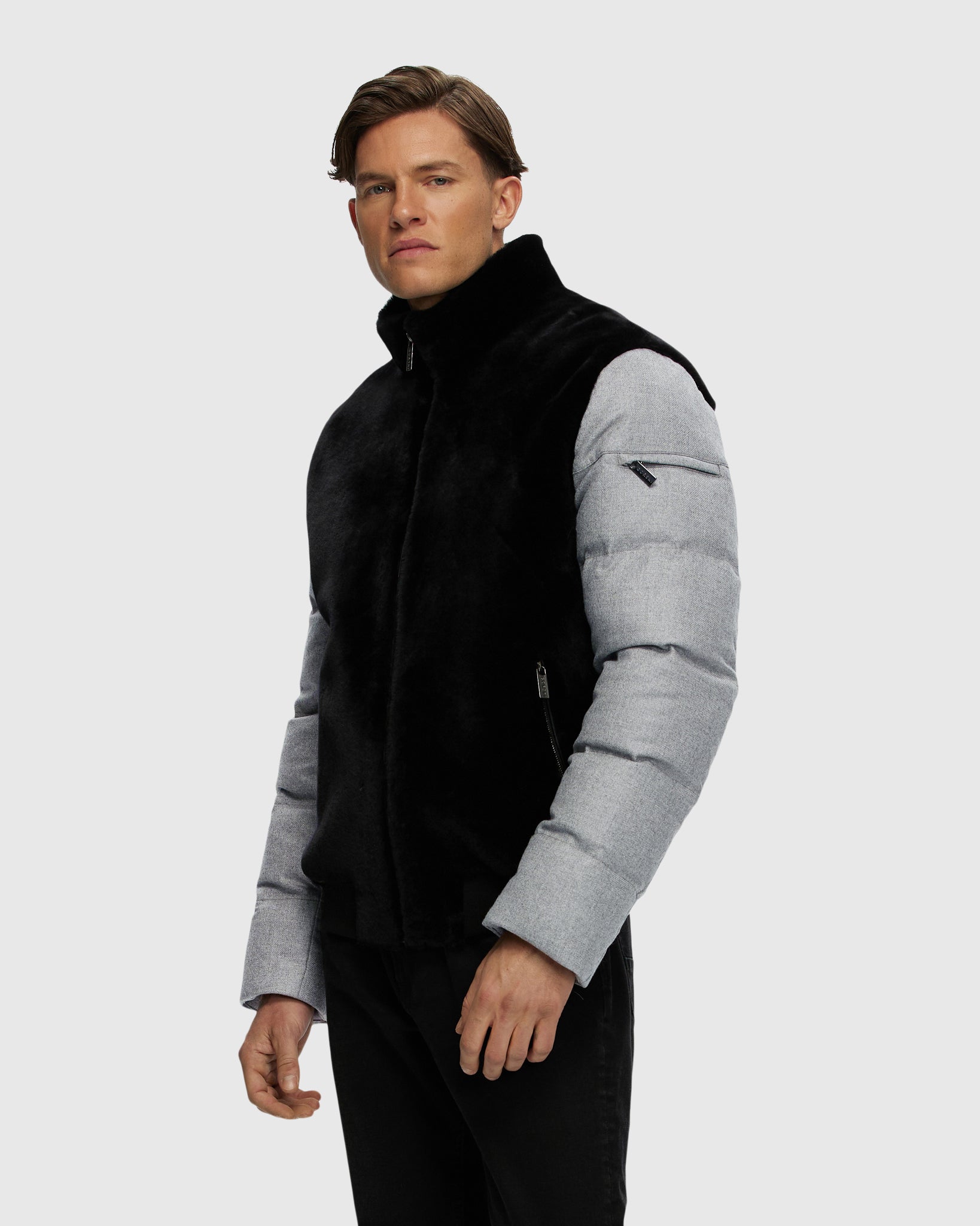 MEN'S MERINO SHEARLING LAMB BOMBER JACKET WITH WOOL & CASHMERE QUILTED DOWN SLEEVES AND BACK CRAFTED FROM LORO PIANA