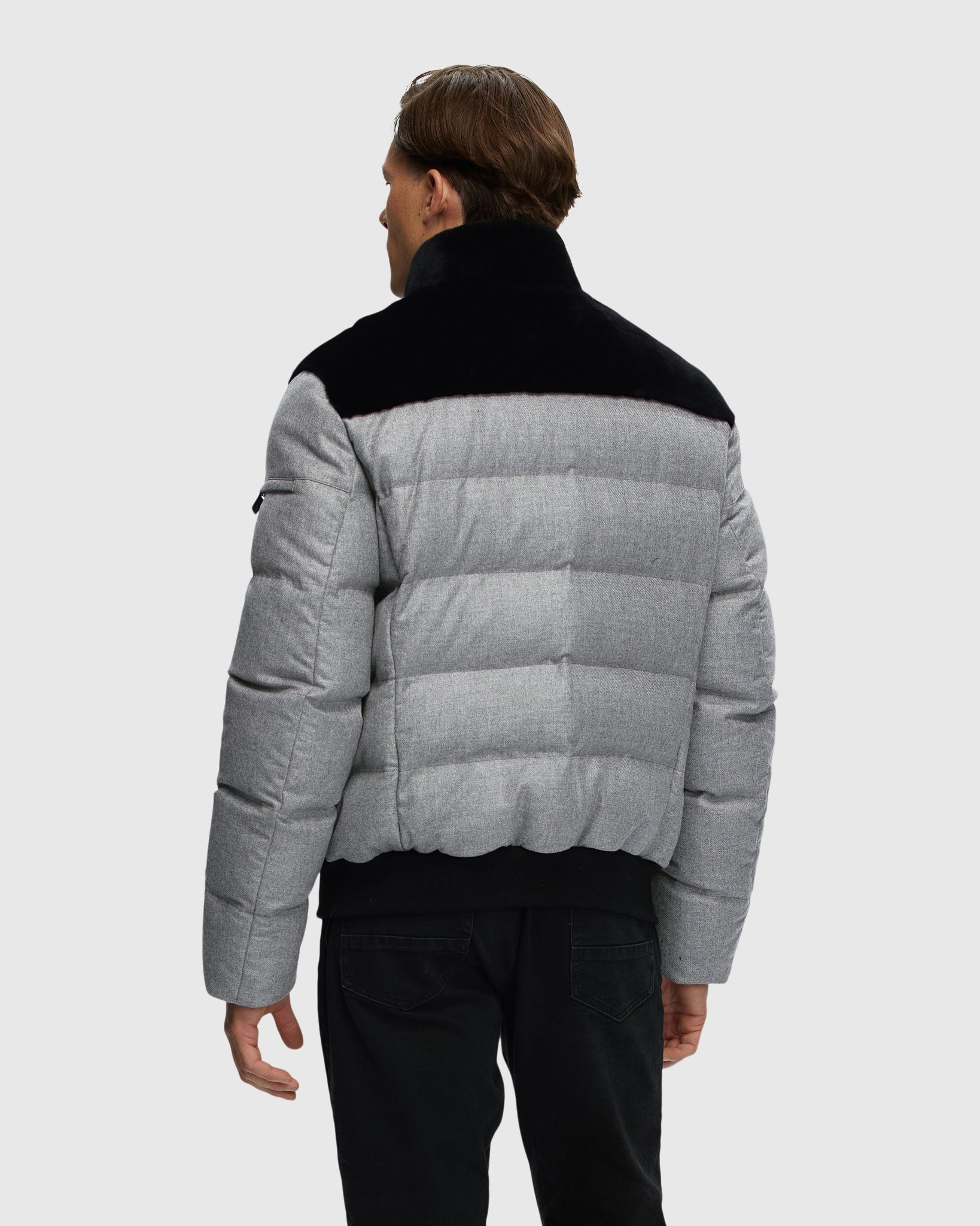MEN'S MERINO SHEARLING LAMB BOMBER JACKET WITH WOOL & CASHMERE QUILTED DOWN SLEEVES AND BACK CRAFTED FROM LORO PIANA