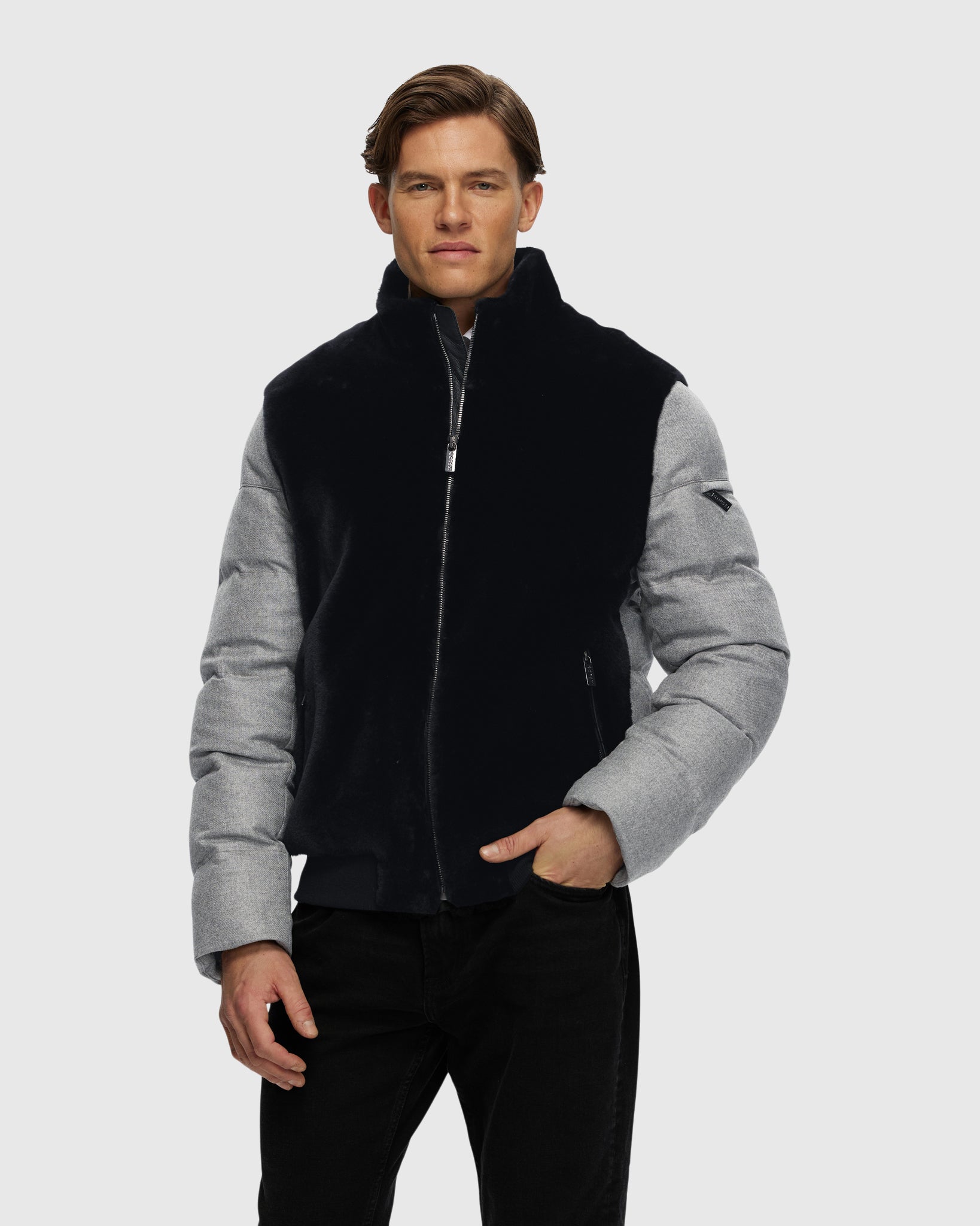 MEN'S MERINO SHEARLING LAMB BOMBER JACKET WITH WOOL & CASHMERE QUILTED DOWN SLEEVES AND BACK CRAFTED FROM LORO PIANA