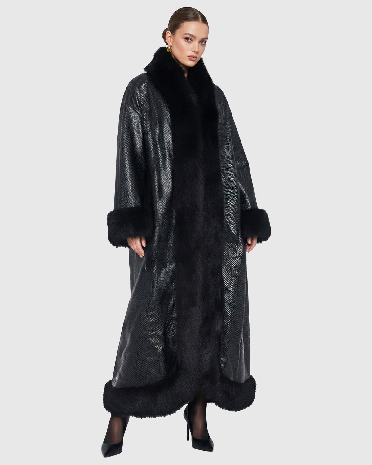 Pyt printed leather coat with Merinillo shearling lamb trim