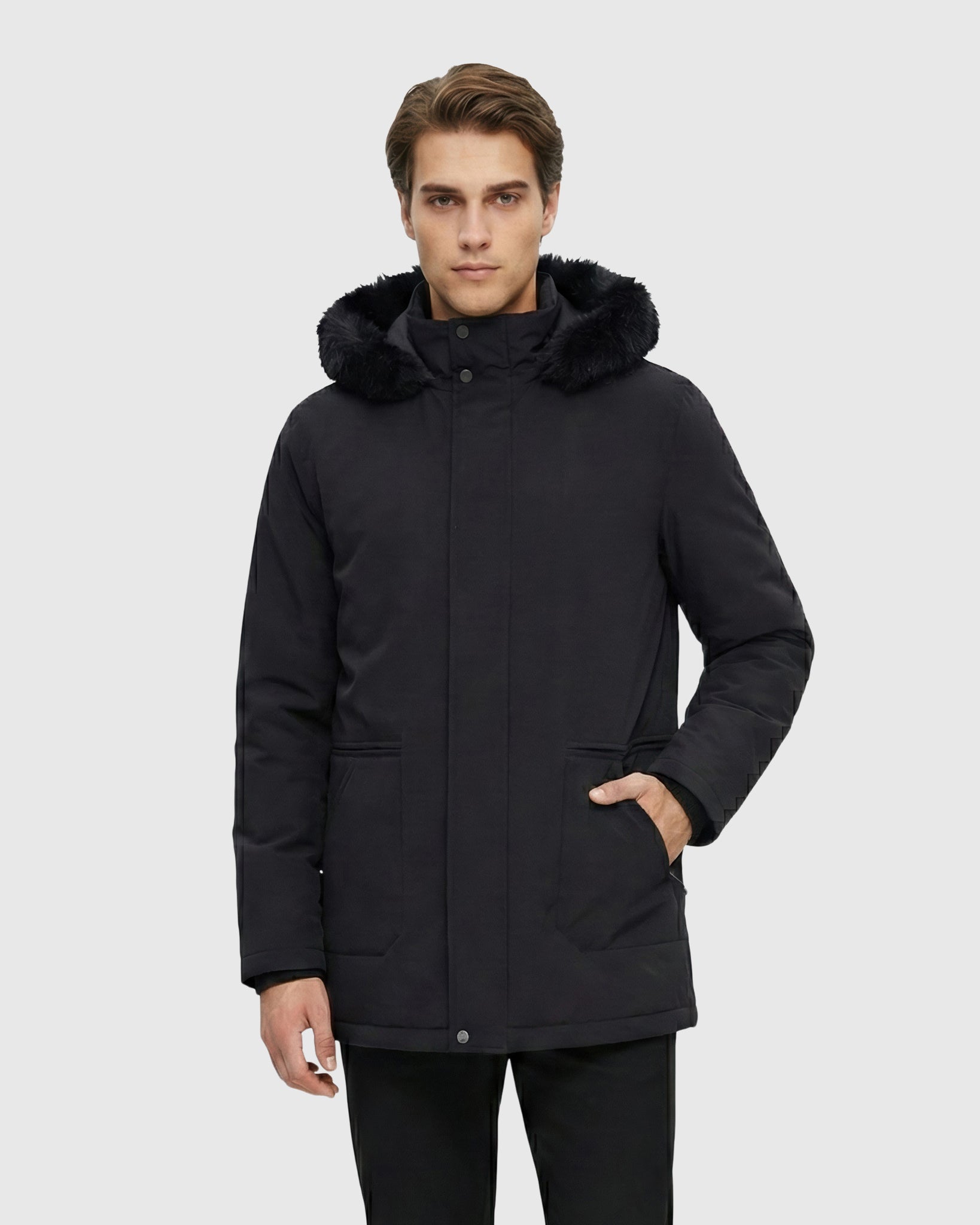 MEN'S QUILTED DOWN JACKET WITH MERINILLO SHEARLING LAMB HOOD TRIM