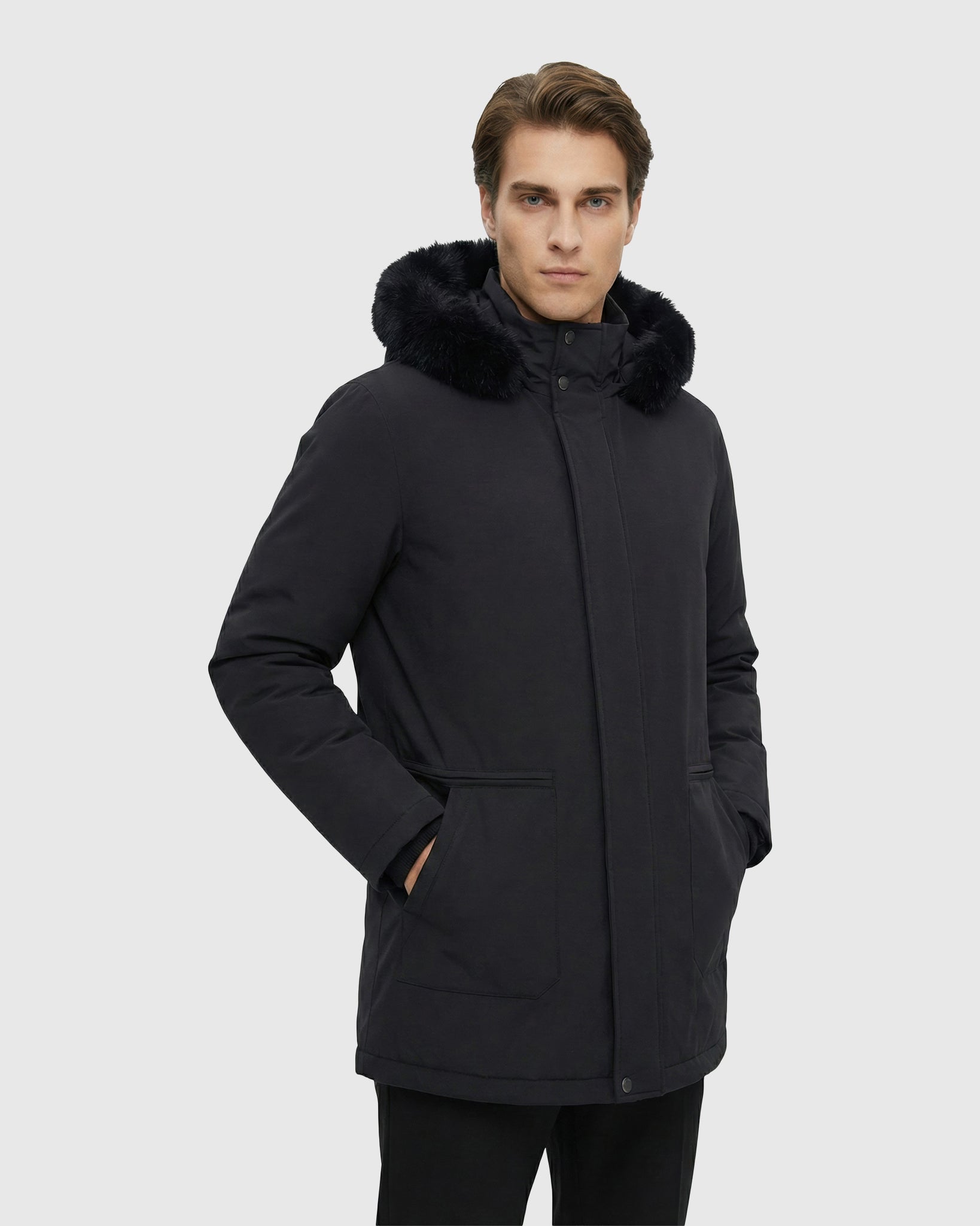 MEN'S QUILTED DOWN JACKET WITH MERINILLO SHEARLING LAMB HOOD TRIM