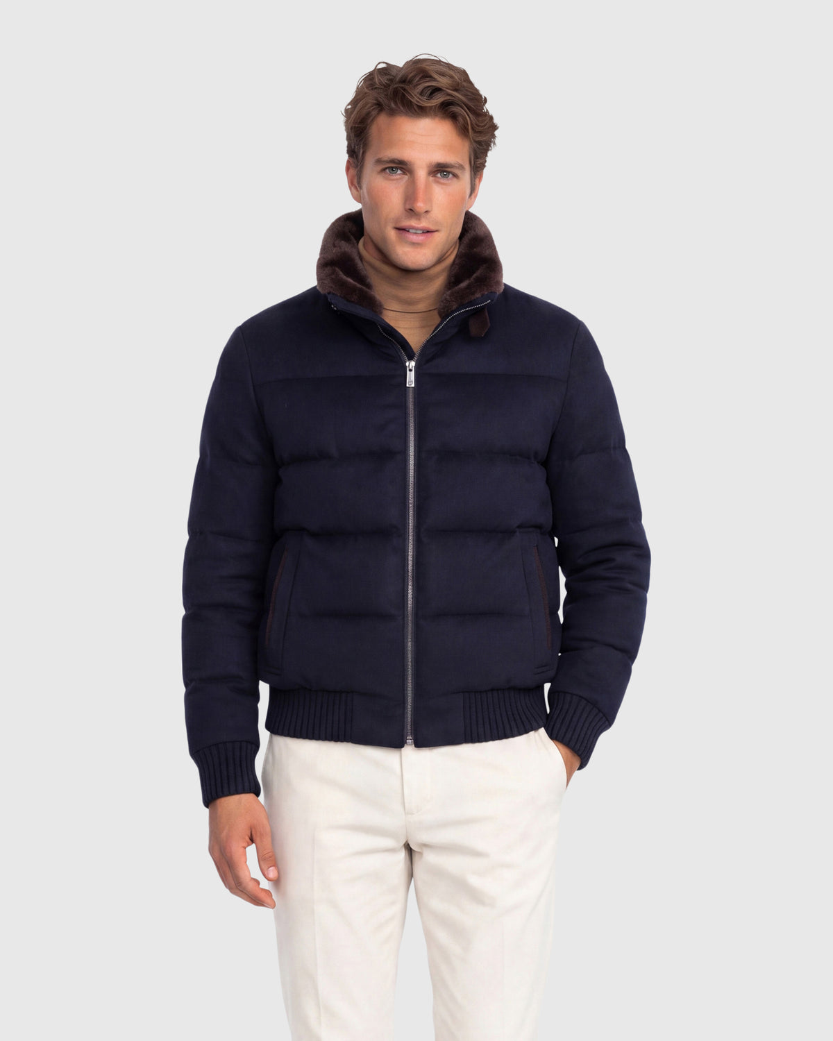 MEN'S WOOL BLEND QUILTED DOWN JACKET WITH DETACHABLE SELECT SHEARLING LAMB